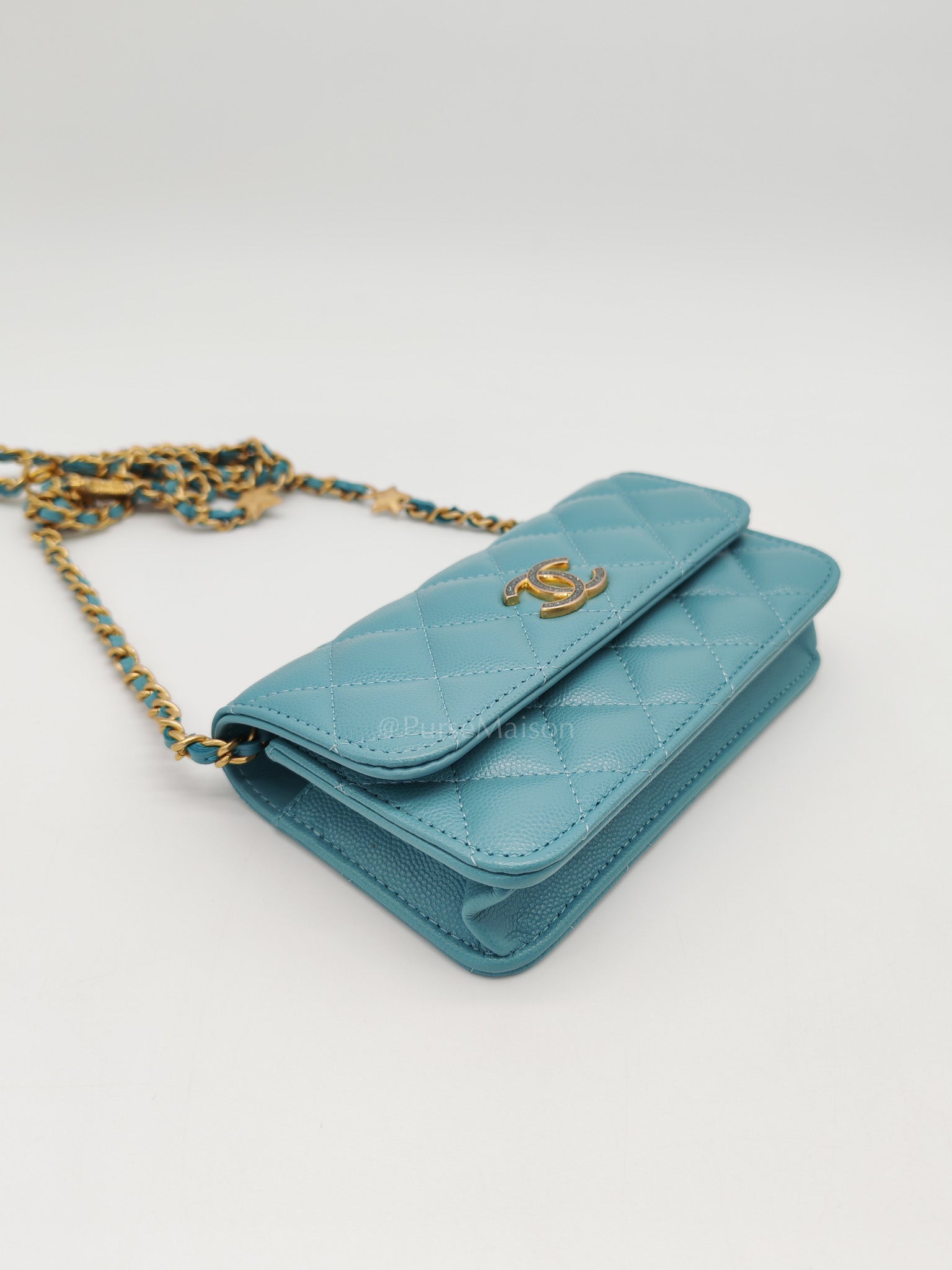 Charming Phone Holder with Chain in Teal Blue Caviar Leather & Gold Hardware (Microchip)