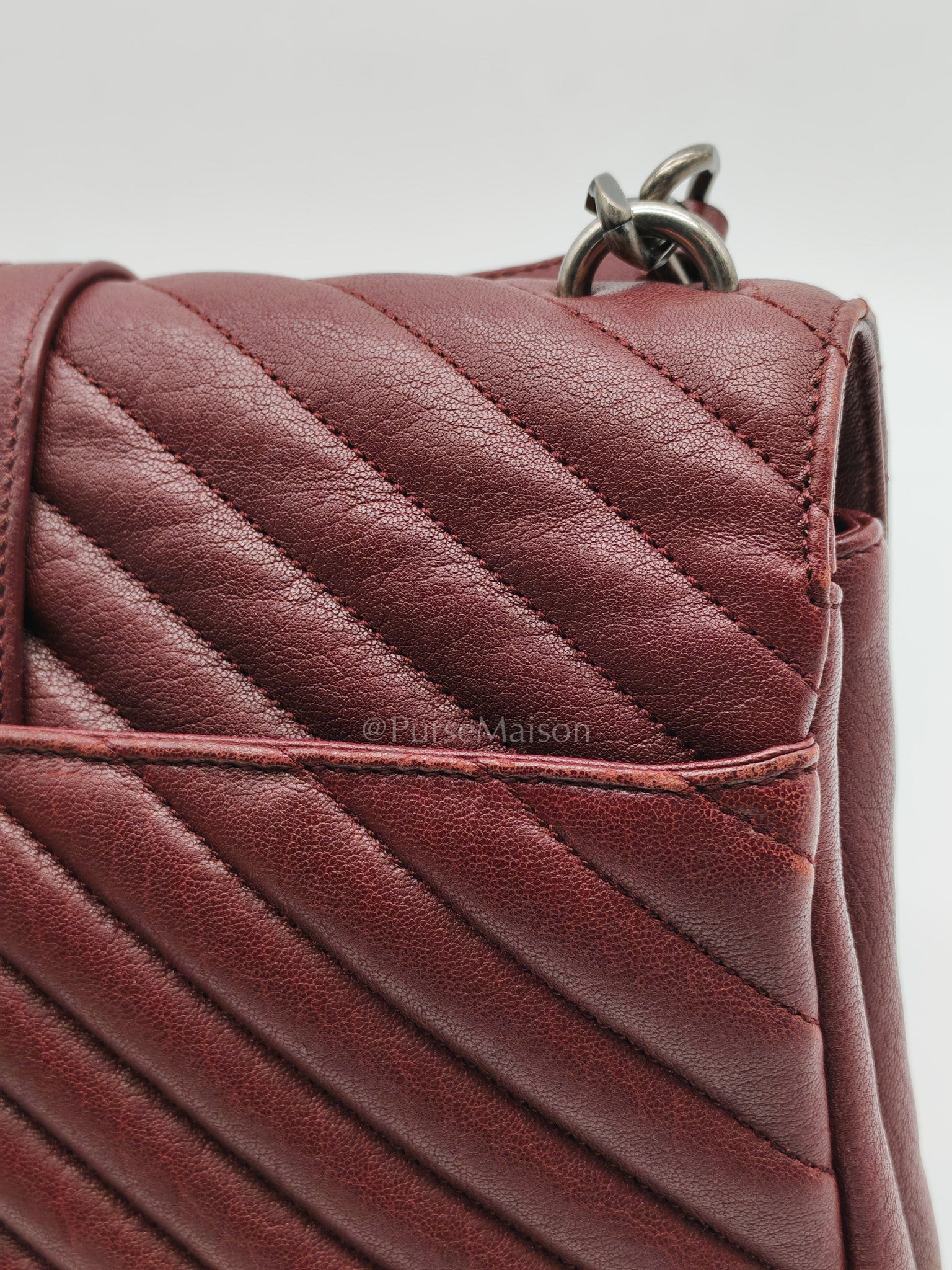 College Bag Medium in Burgundy Monogram Chevron Sheepskin Leather Ruthenium Hardware