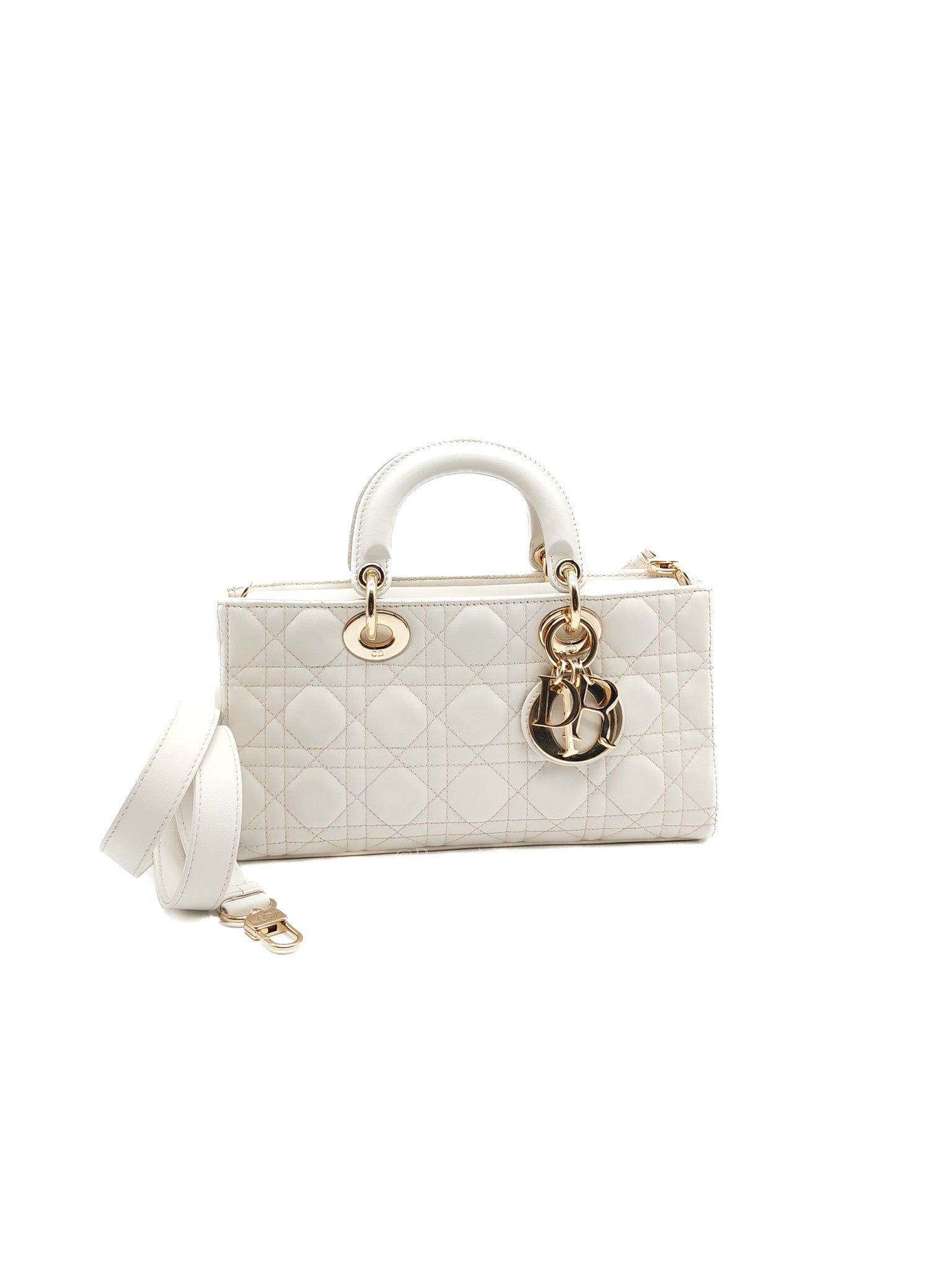 Lady D-Joy Medium in White Cannage Lambskin Leather Light Gold Hardware