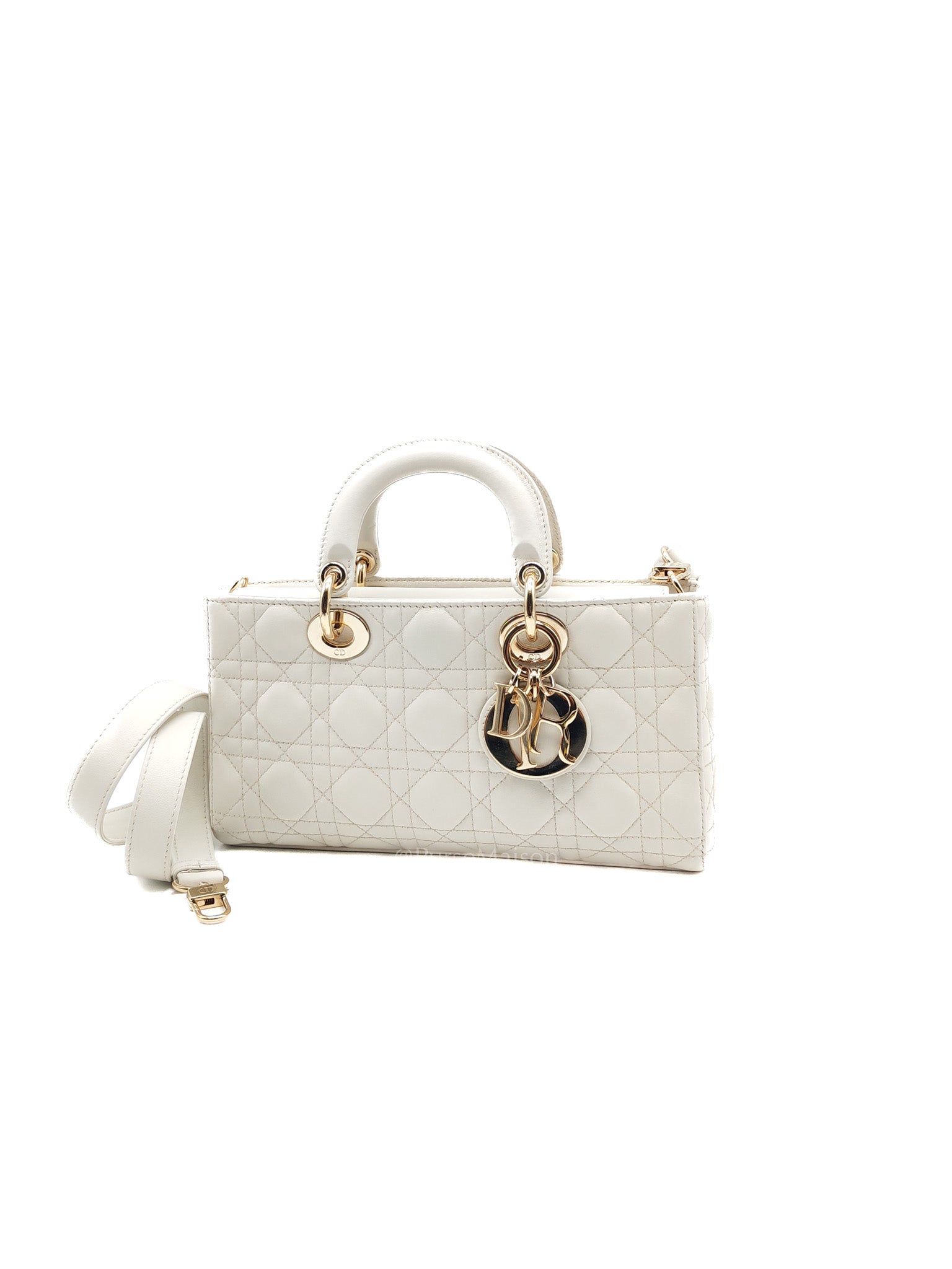 Lady D-Joy Medium in White Cannage Lambskin Leather Light Gold Hardware