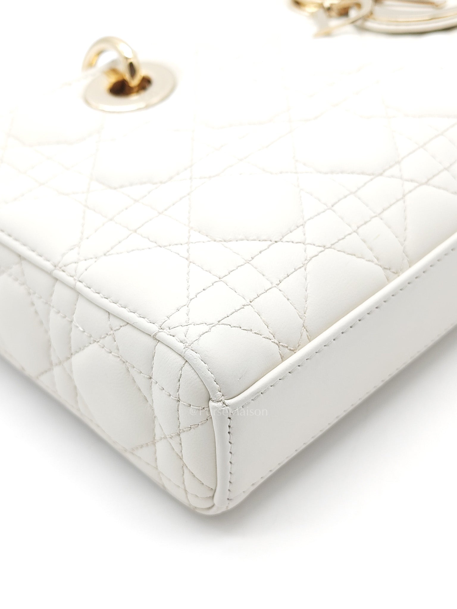 Lady D-Joy Medium in White Cannage Lambskin Leather Light Gold Hardware