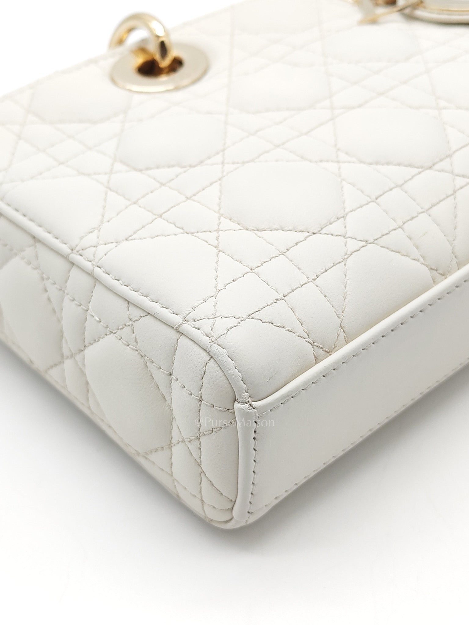 Lady D-Joy Medium in White Cannage Lambskin Leather Light Gold Hardware