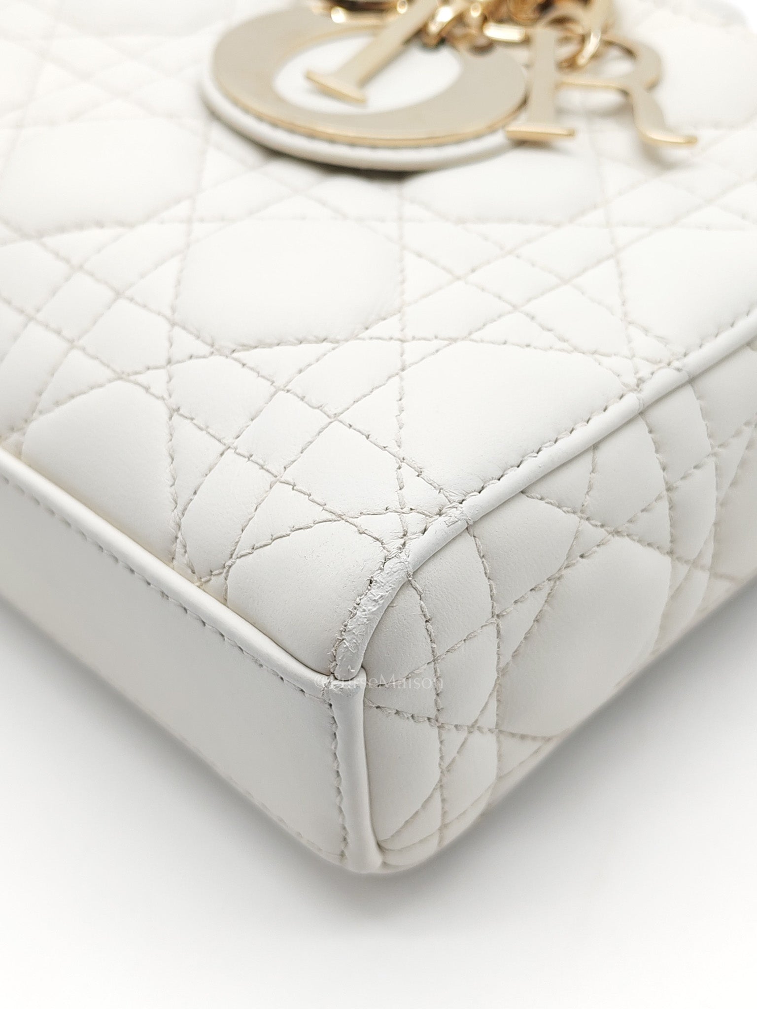 Lady D-Joy Medium in White Cannage Lambskin Leather Light Gold Hardware