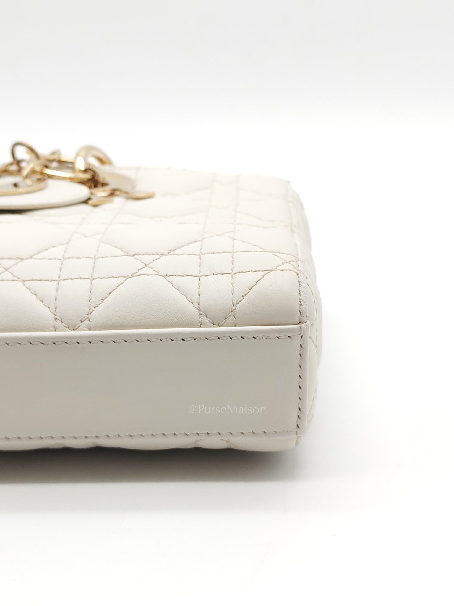 Lady D-Joy Medium in White Cannage Lambskin Leather Light Gold Hardware