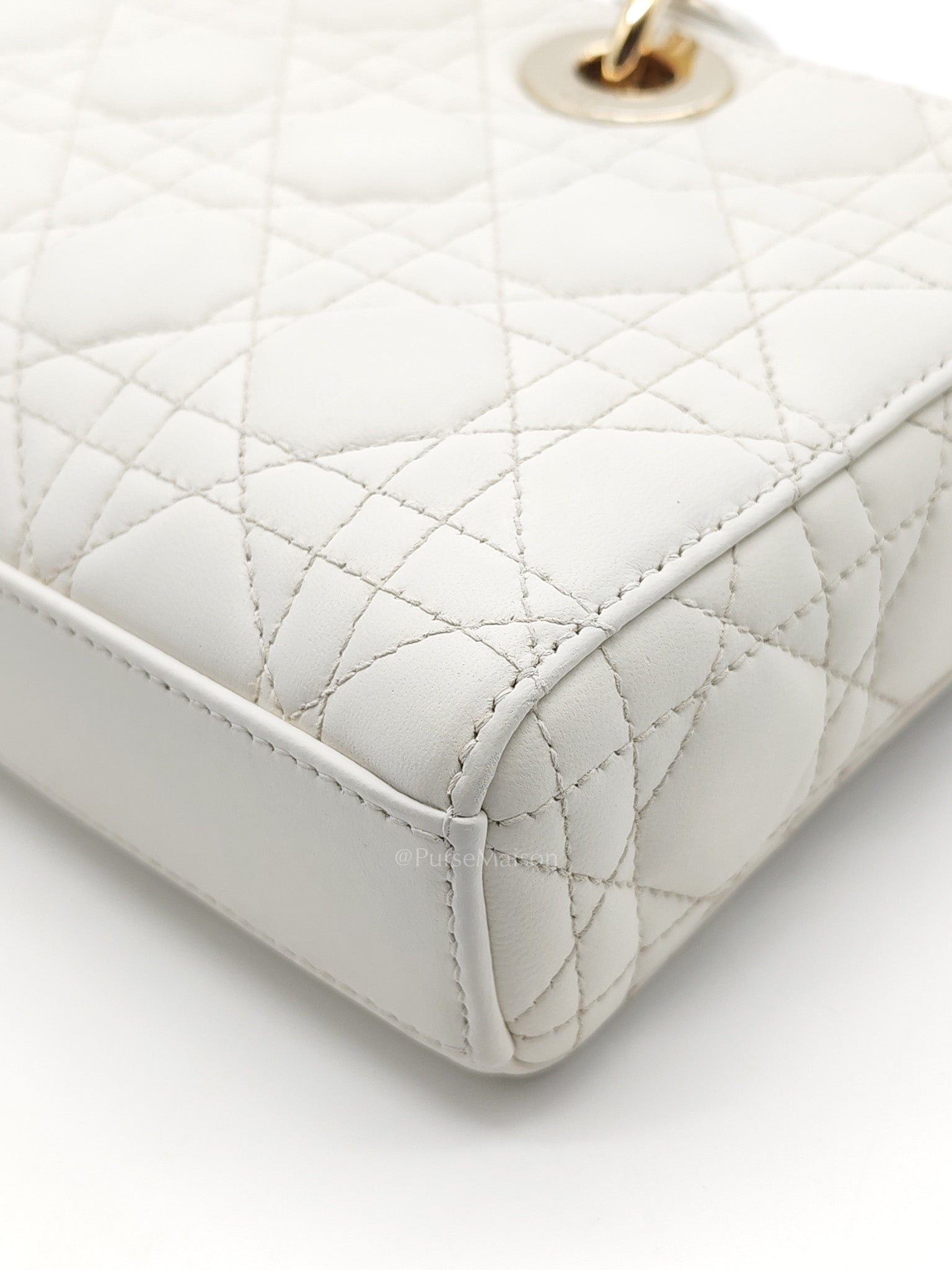 Lady D-Joy Medium in White Cannage Lambskin Leather Light Gold Hardware
