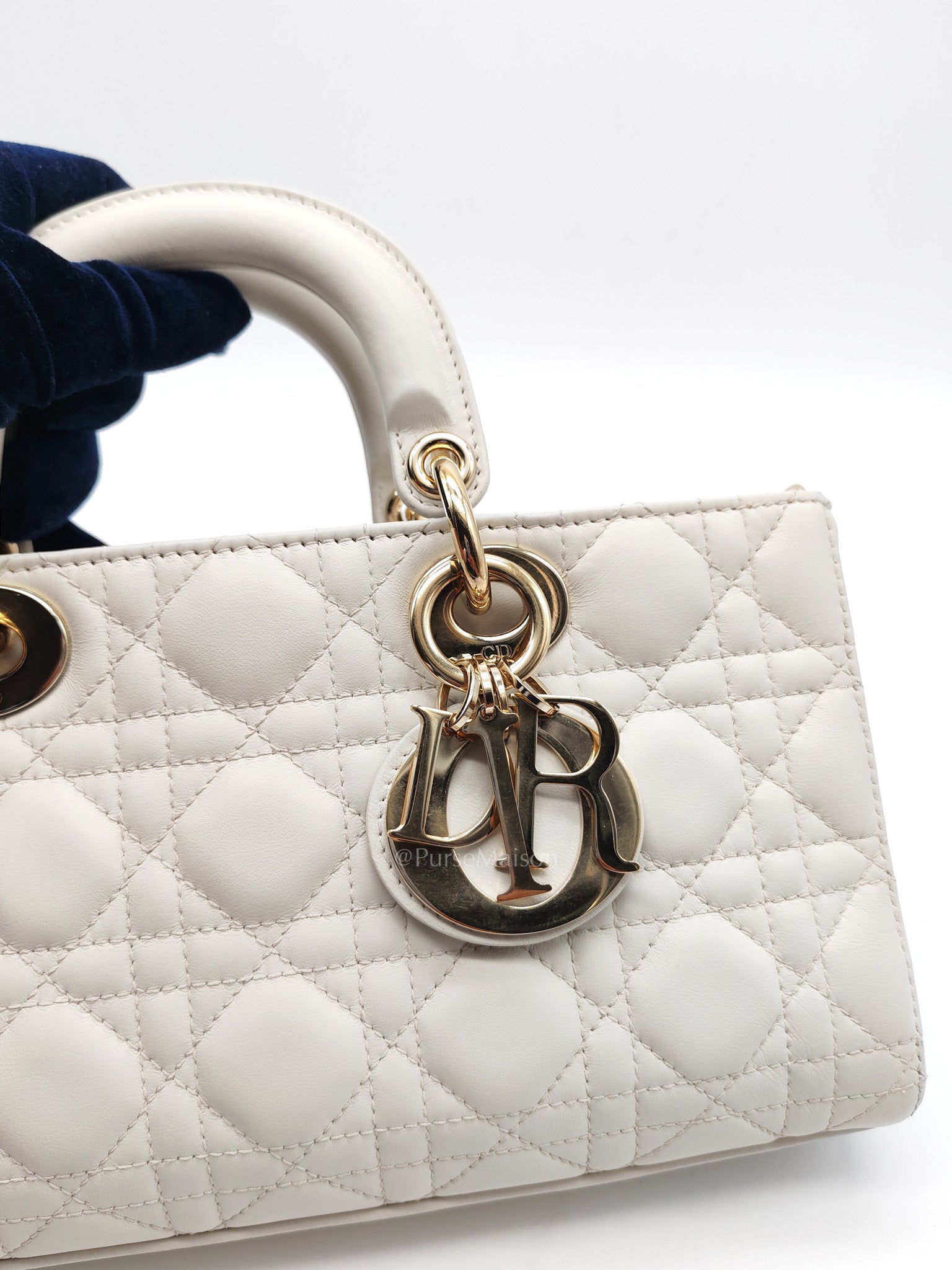 Lady D-Joy Medium in White Cannage Lambskin Leather Light Gold Hardware