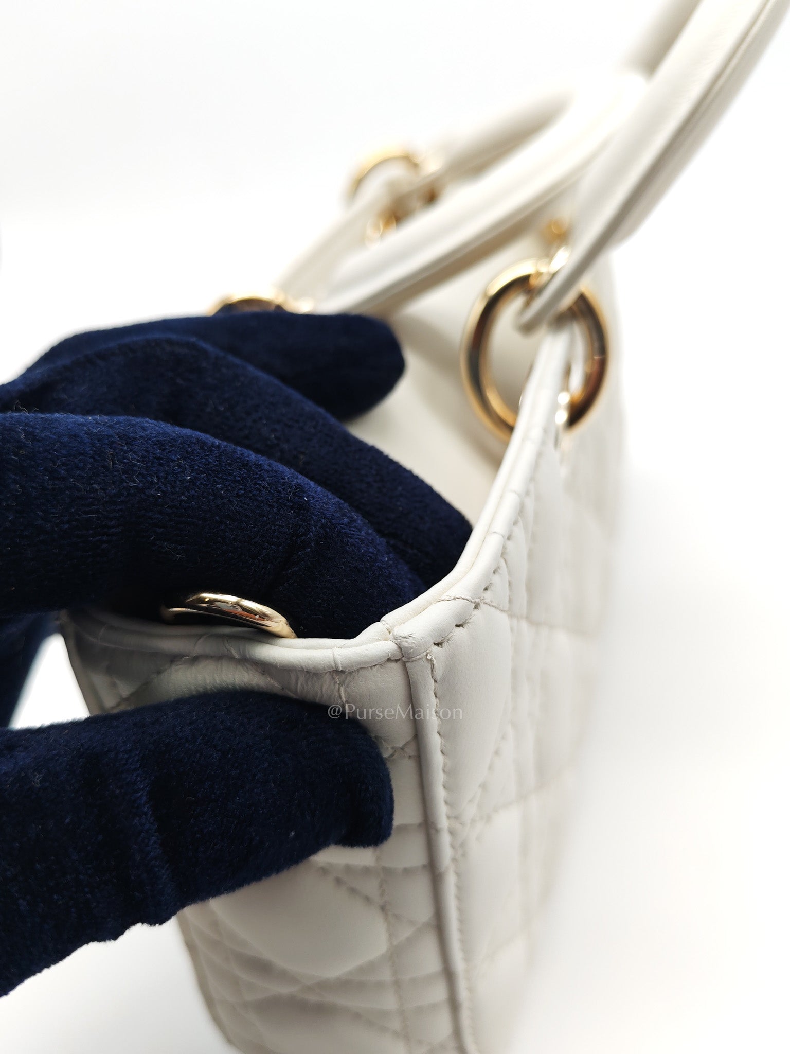 Lady D-Joy Medium in White Cannage Lambskin Leather Light Gold Hardware