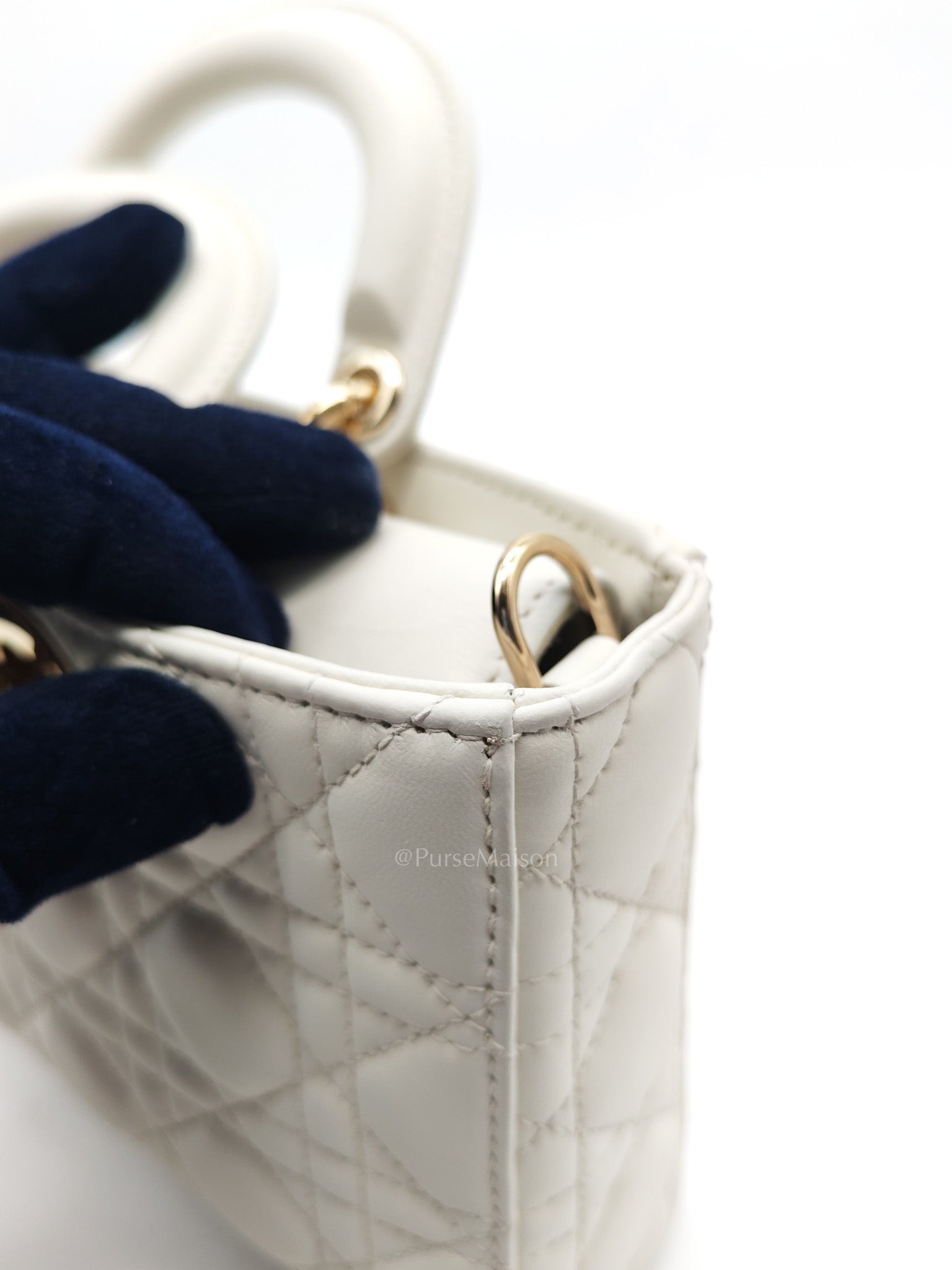 Lady D-Joy Medium in White Cannage Lambskin Leather Light Gold Hardware