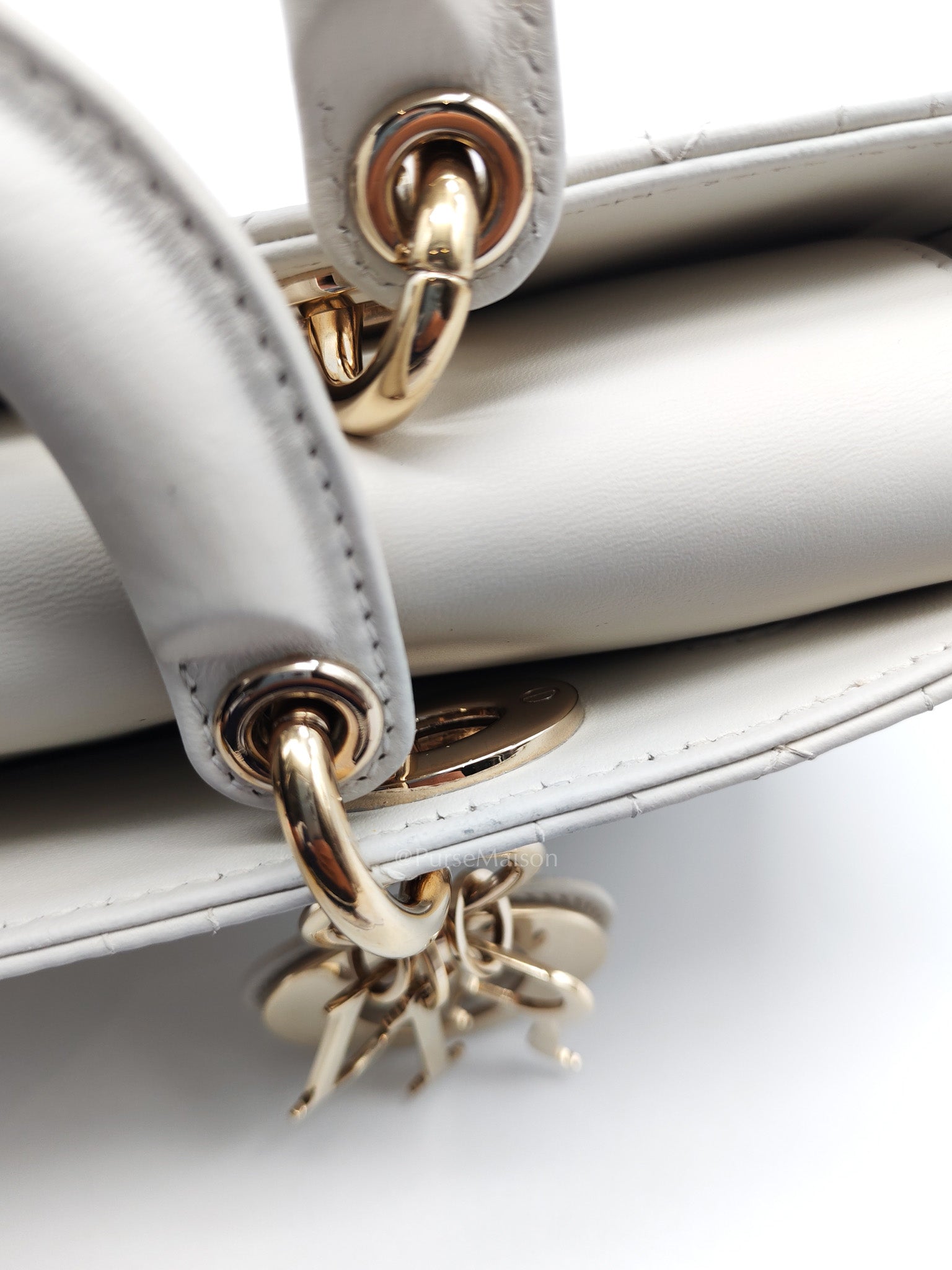 Lady D-Joy Medium in White Cannage Lambskin Leather Light Gold Hardware