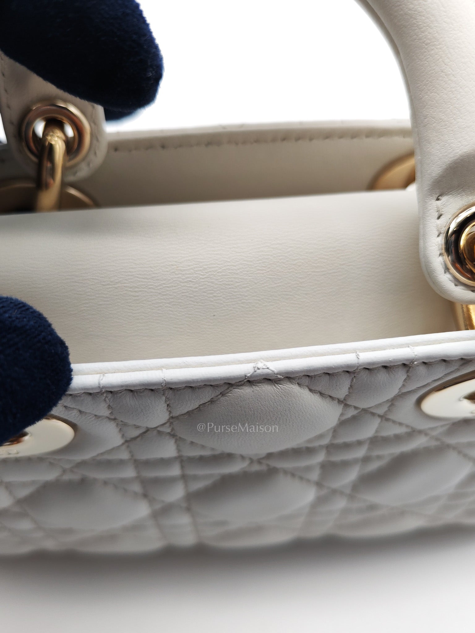Lady D-Joy Medium in White Cannage Lambskin Leather Light Gold Hardware