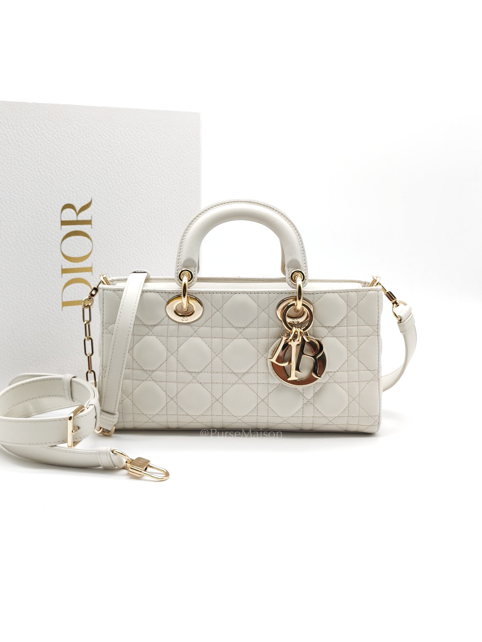 Lady D-Joy Medium in White Cannage Lambskin Leather Light Gold Hardware