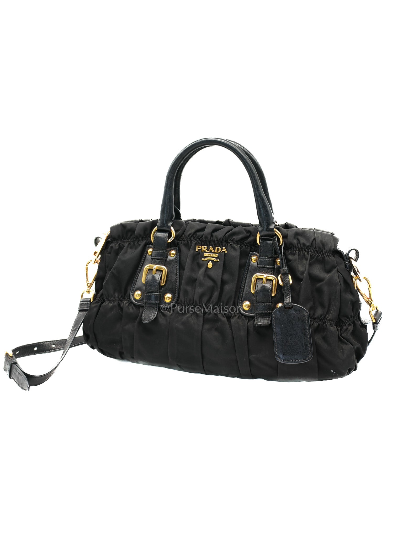 Tessuto Gauffre Satchel in Black Nylon Leather & Gold Hardware