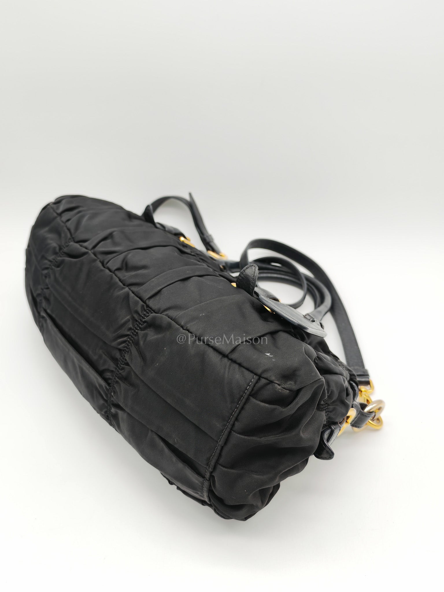 Tessuto Gauffre Satchel in Black Nylon Leather & Gold Hardware