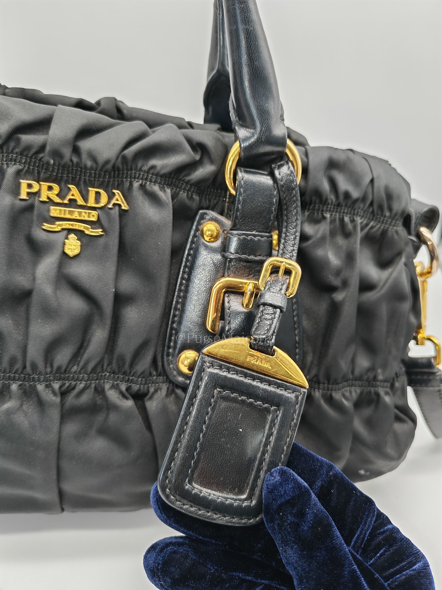 Tessuto Gauffre Satchel in Black Nylon Leather & Gold Hardware