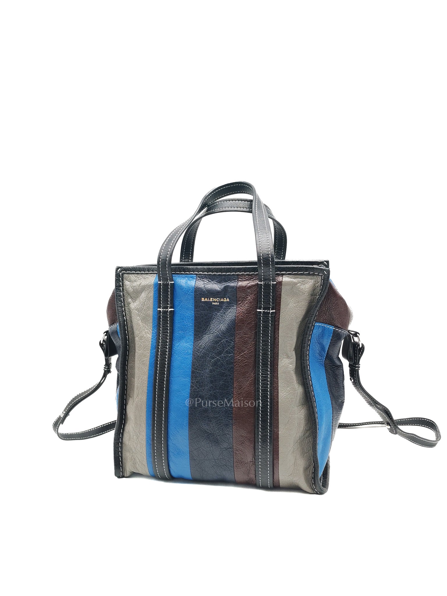 Bazar Shopper Satchel in Multicolor Striped Lambskin Leather and Silver Hardware