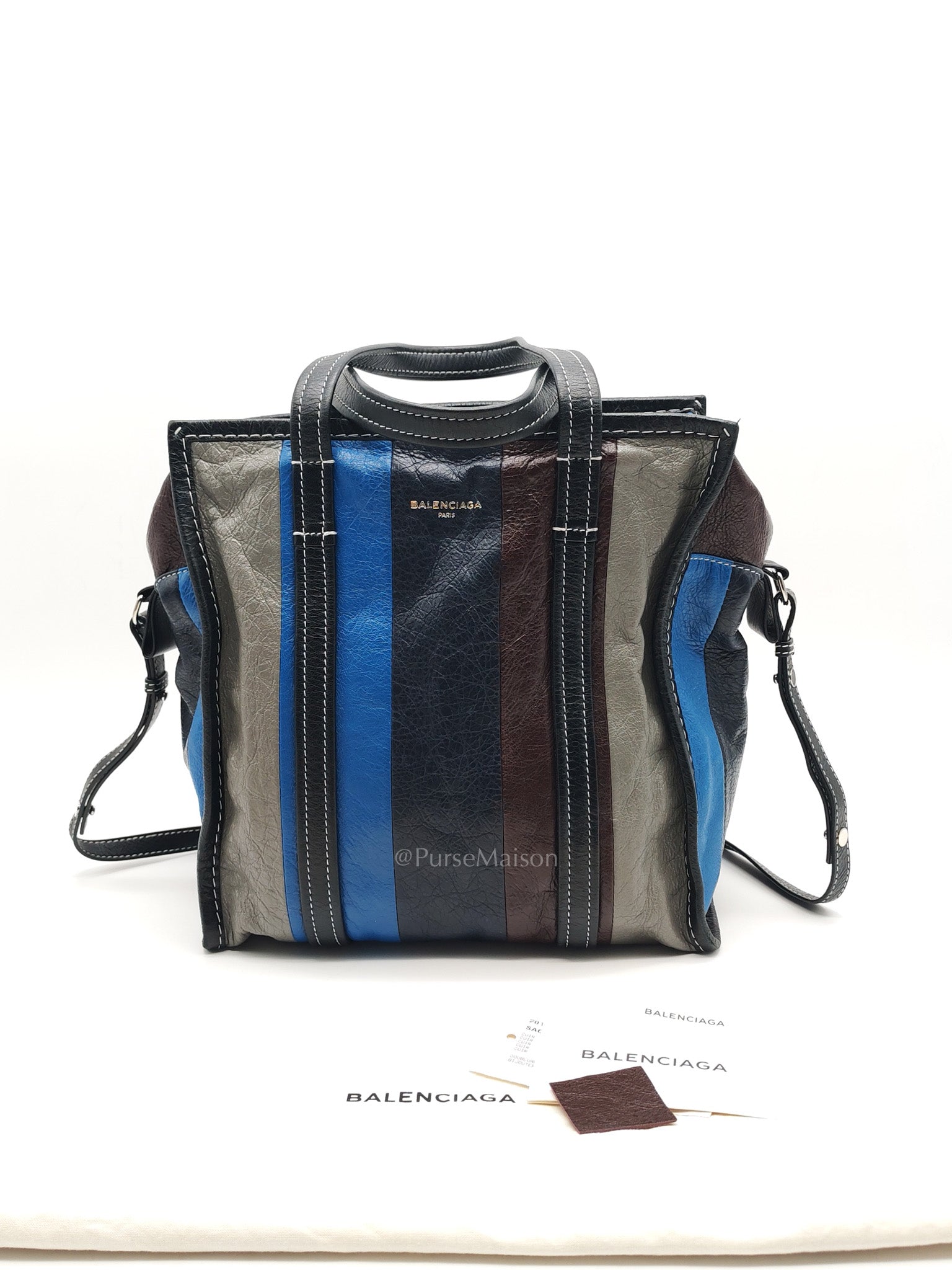 Bazar Shopper Satchel in Multicolor Striped Lambskin Leather and Silver Hardware
