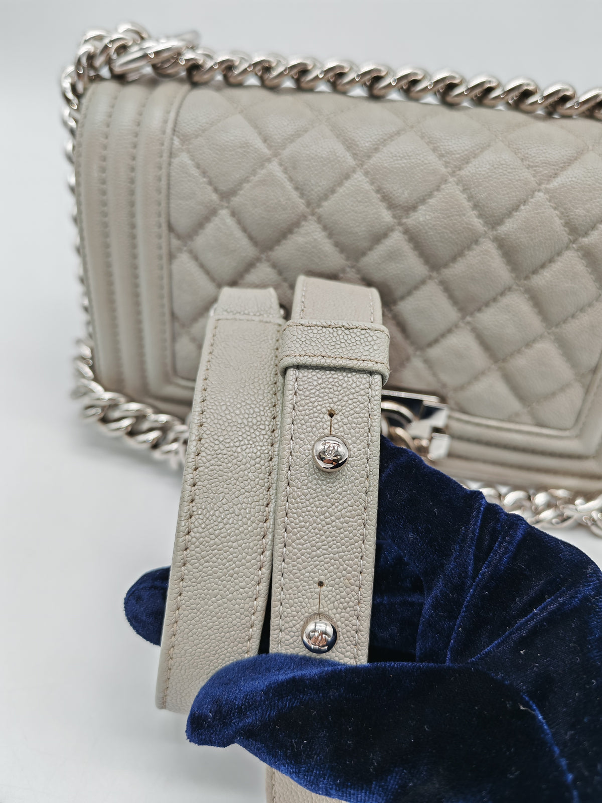 Chanel Boy Small in Light Gray Quilted Caviar Leather and Silver Hardware Series 28