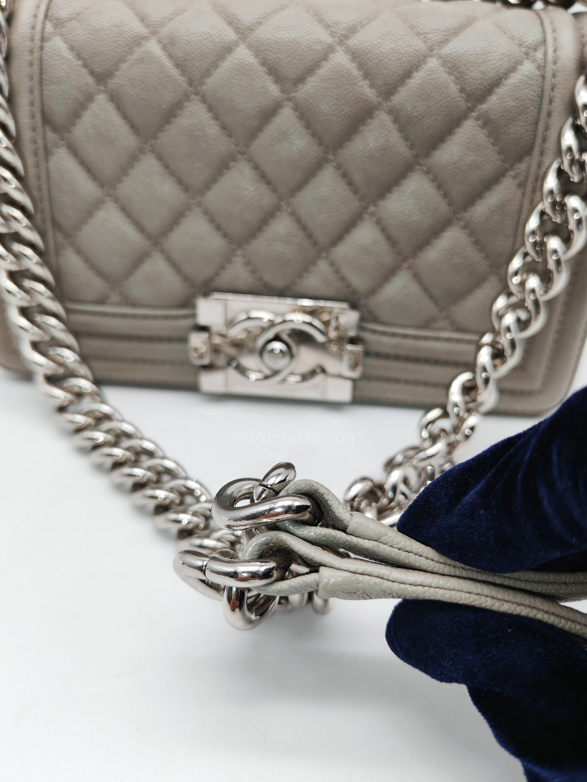 Chanel Boy Small in Light Gray Quilted Caviar Leather and Silver Hardware Series 28