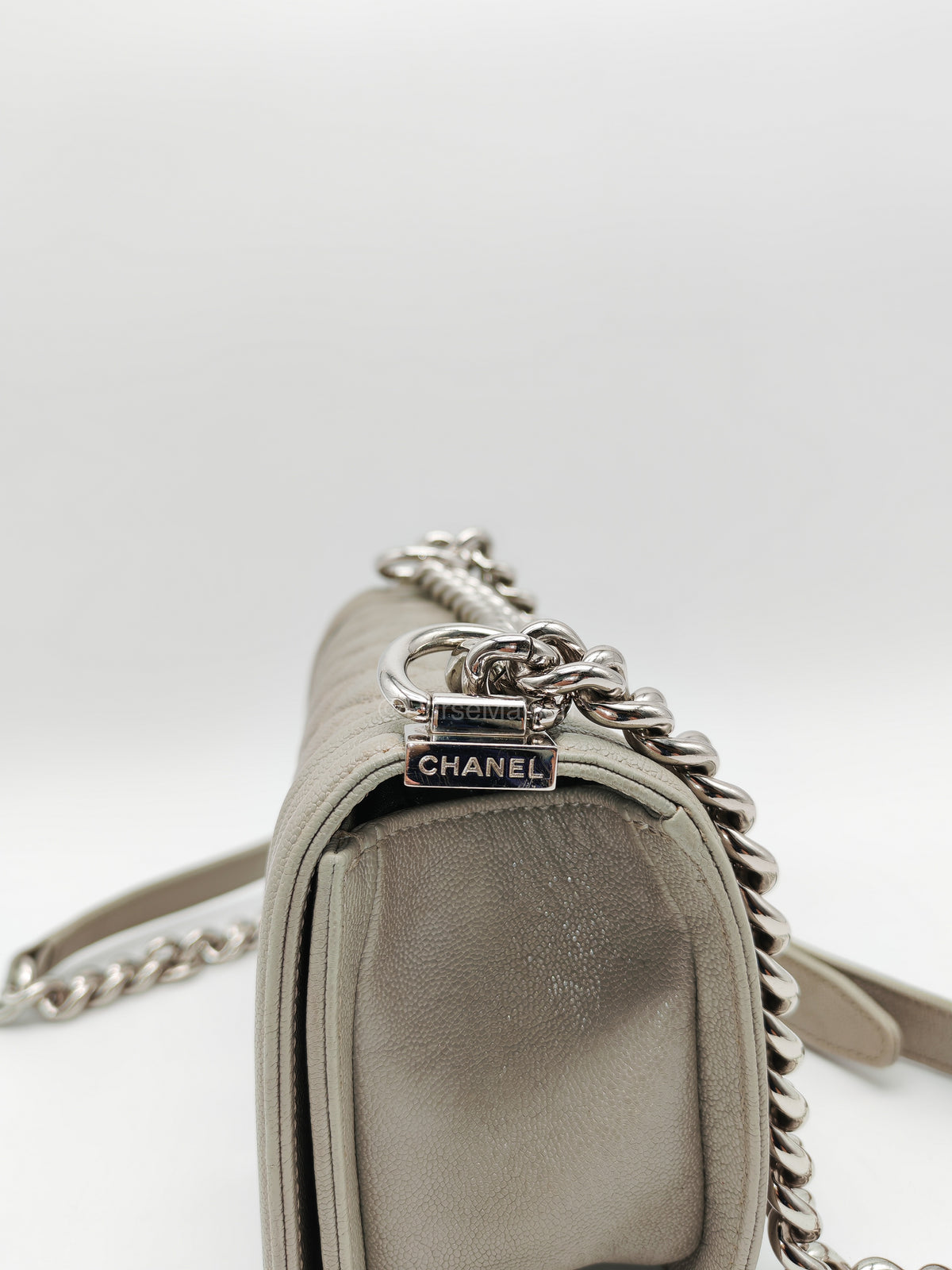 Chanel Boy Small in Light Gray Quilted Caviar Leather and Silver Hardware Series 28