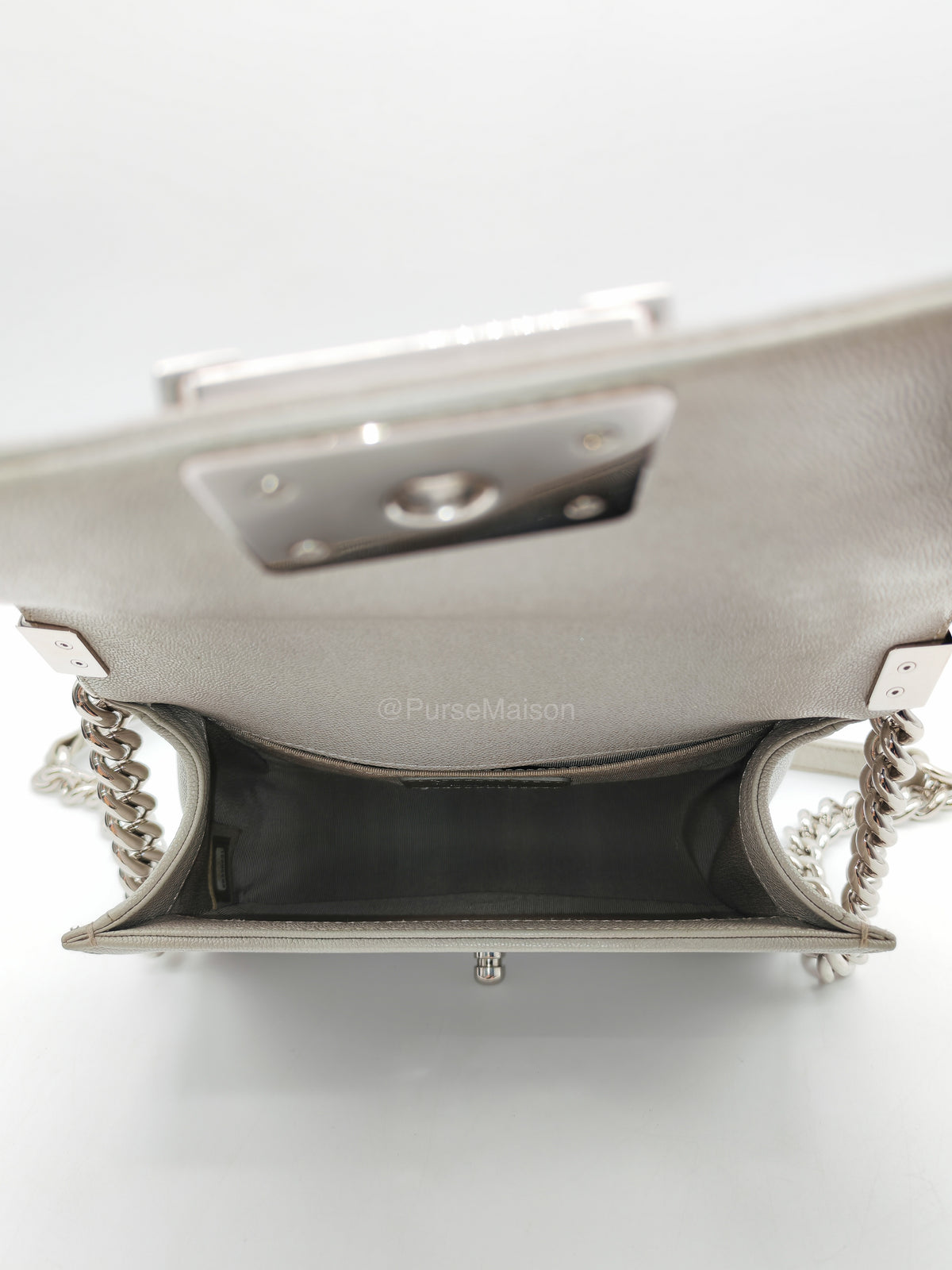 Chanel Boy Small in Light Gray Quilted Caviar Leather and Silver Hardware Series 28