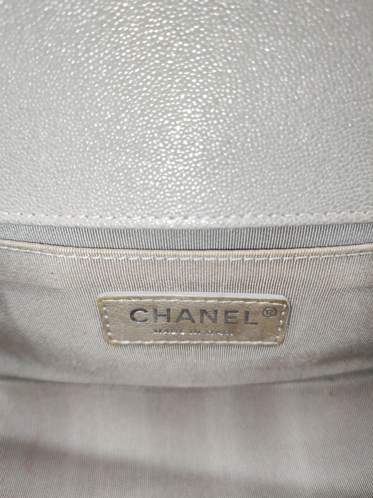 Chanel Boy Small in Light Gray Quilted Caviar Leather and Silver Hardware Series 28