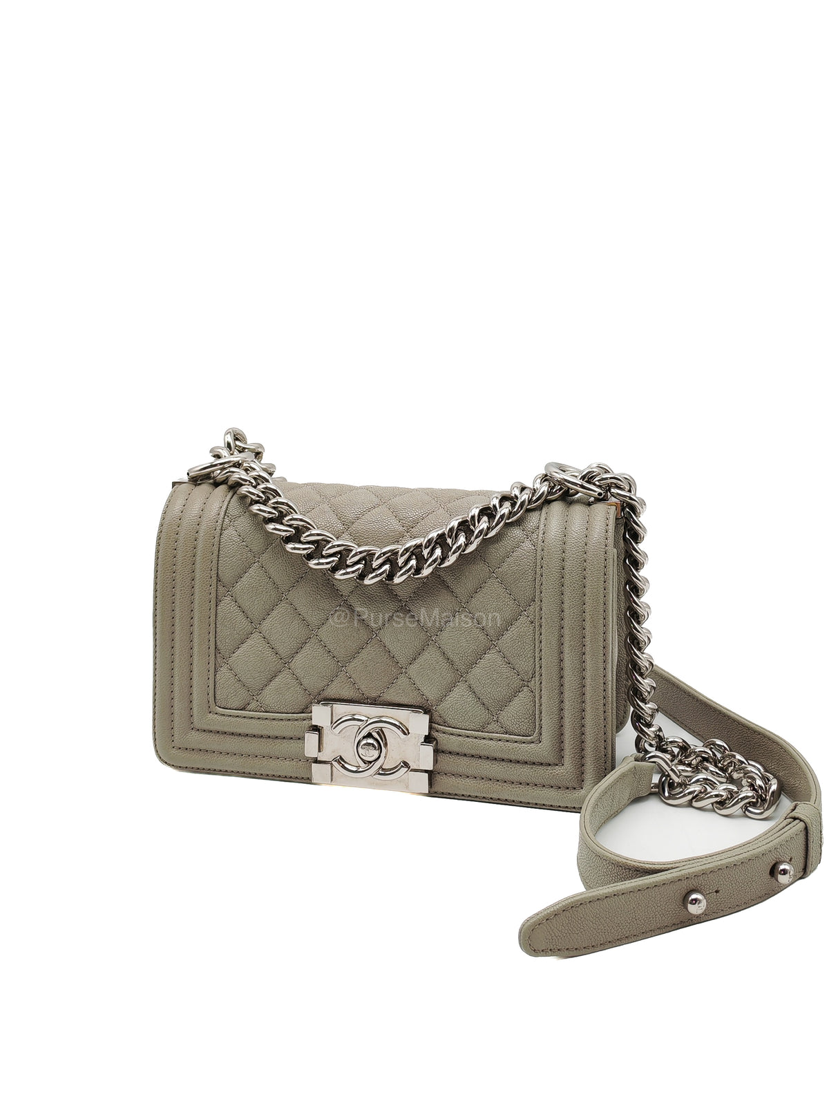 Chanel Boy Small in Light Gray Quilted Caviar Leather and Silver Hardware Series 28