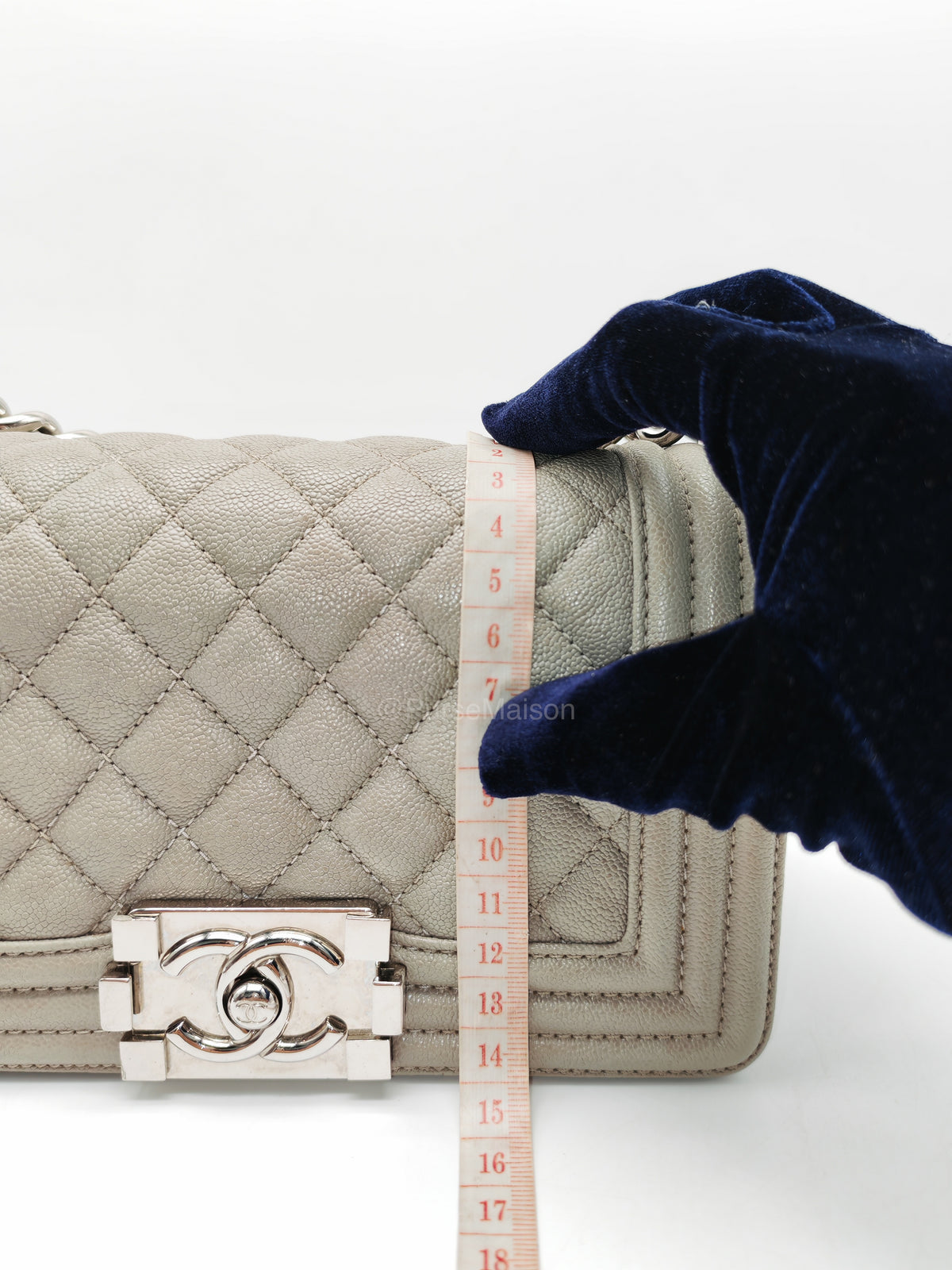 Chanel Boy Small in Light Gray Quilted Caviar Leather and Silver Hardware Series 28