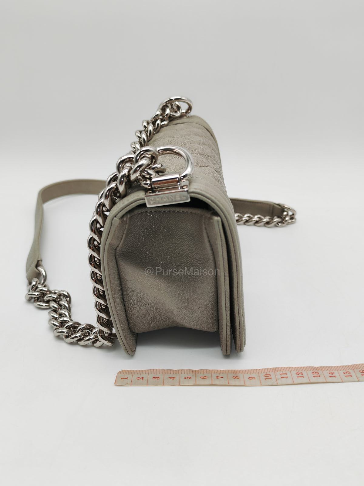 Chanel Boy Small in Light Gray Quilted Caviar Leather and Silver Hardware Series 28