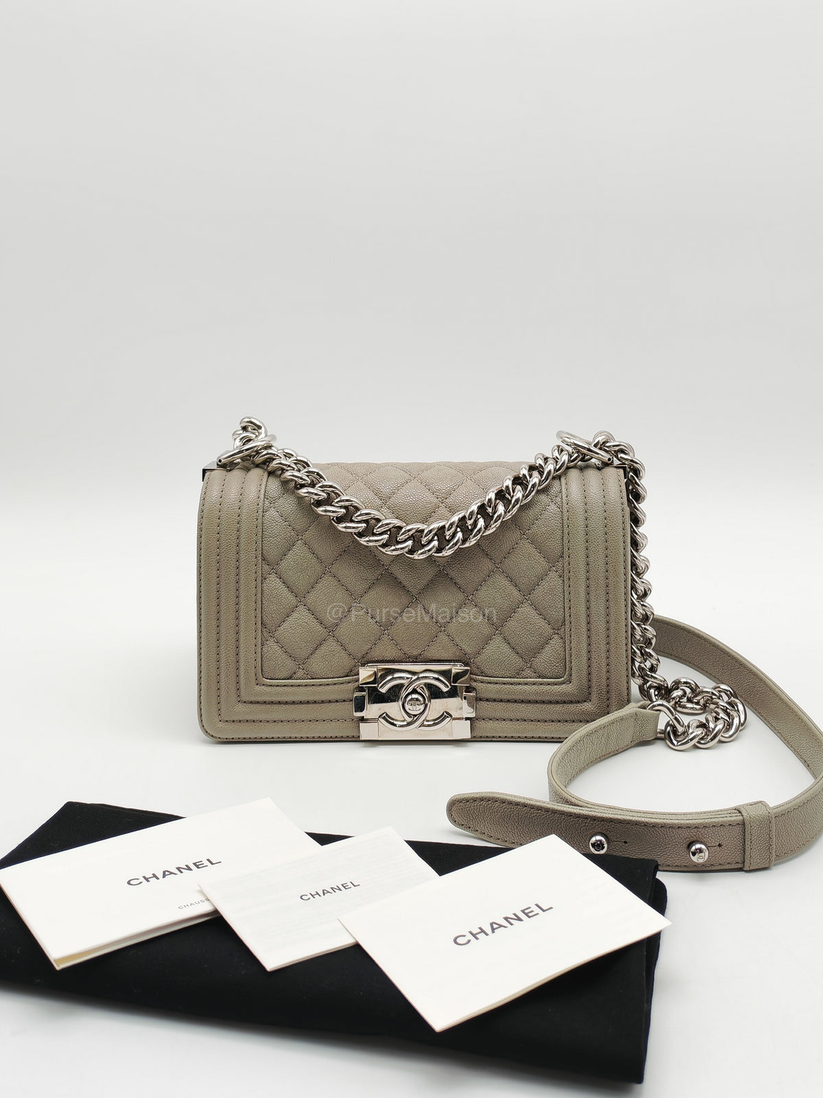 Chanel Boy Small in Light Gray Quilted Caviar Leather and Silver Hardware Series 28