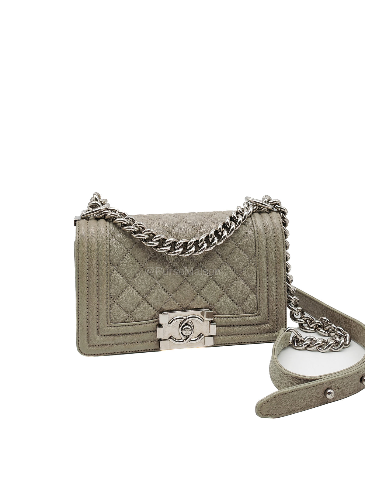 Chanel Boy Small in Light Gray Quilted Caviar Leather and Silver Hardware Series 28