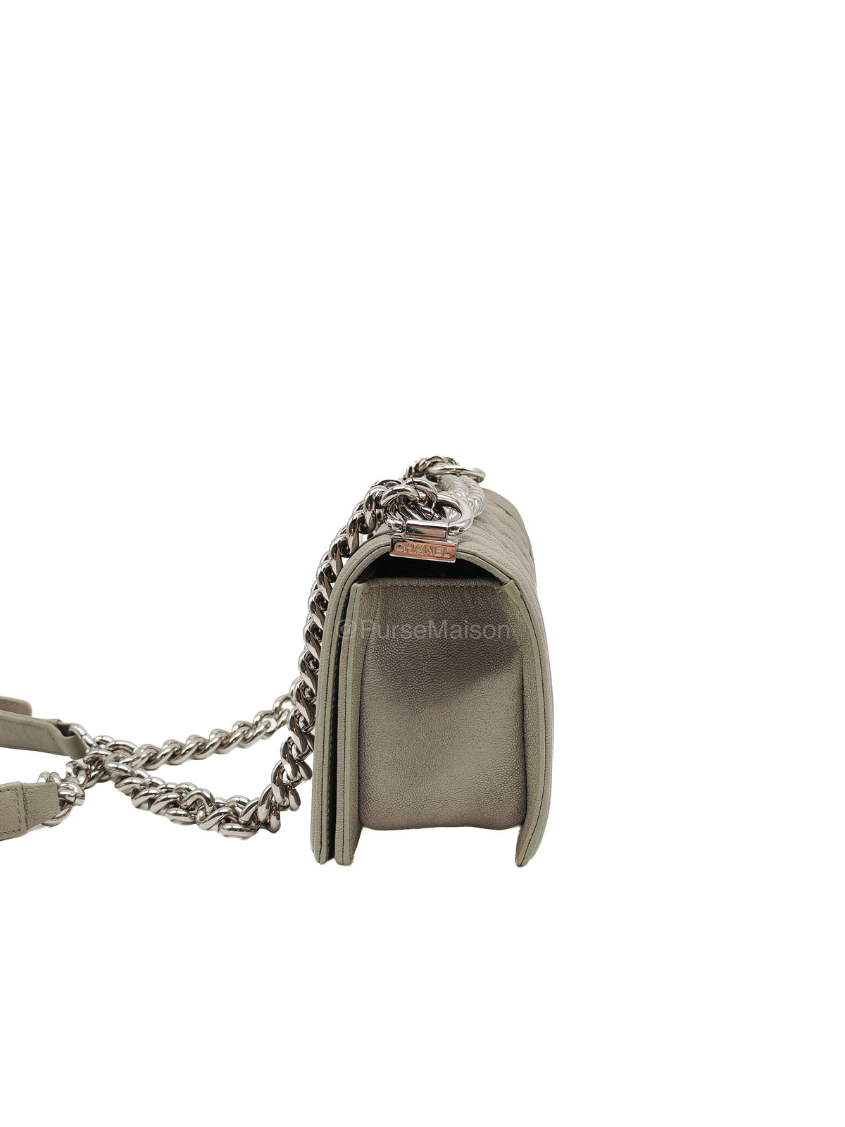 Chanel Boy Small in Light Gray Quilted Caviar Leather and Silver Hardware Series 28