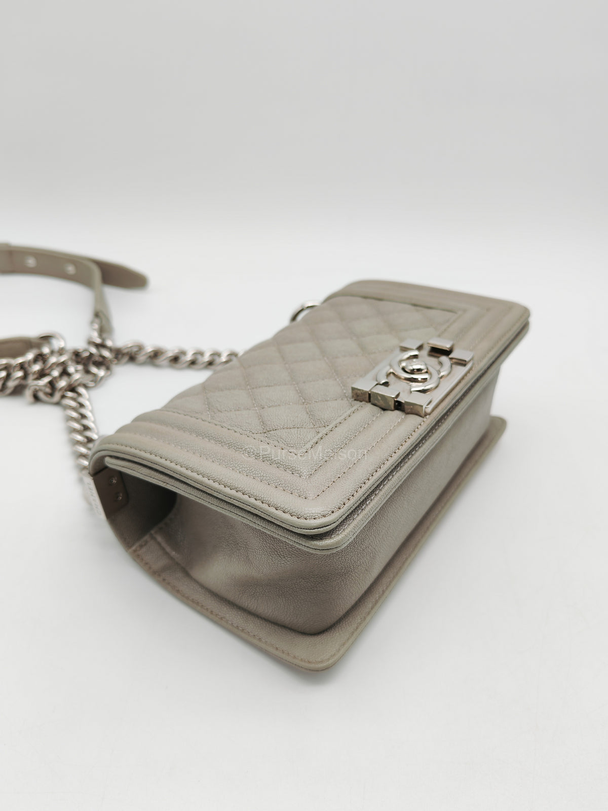 Chanel Boy Small in Light Gray Quilted Caviar Leather and Silver Hardware Series 28