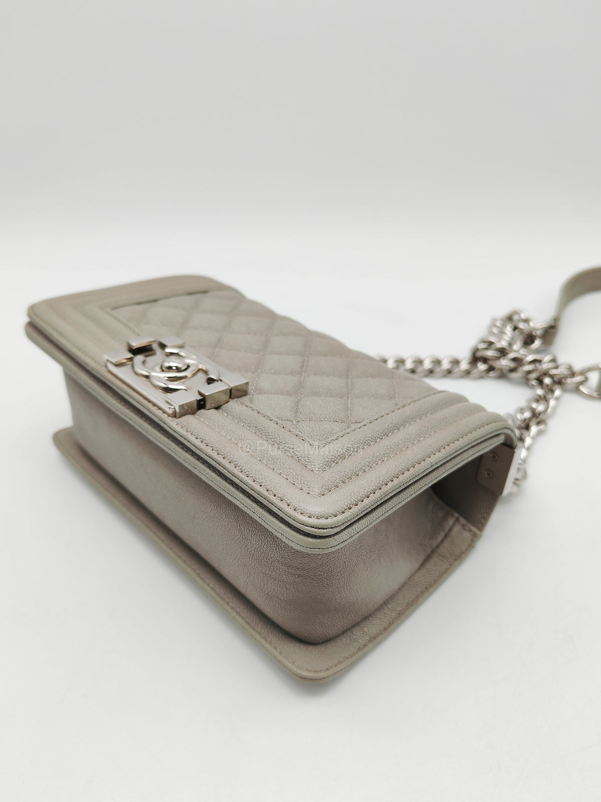Chanel Boy Small in Light Gray Quilted Caviar Leather and Silver Hardware Series 28