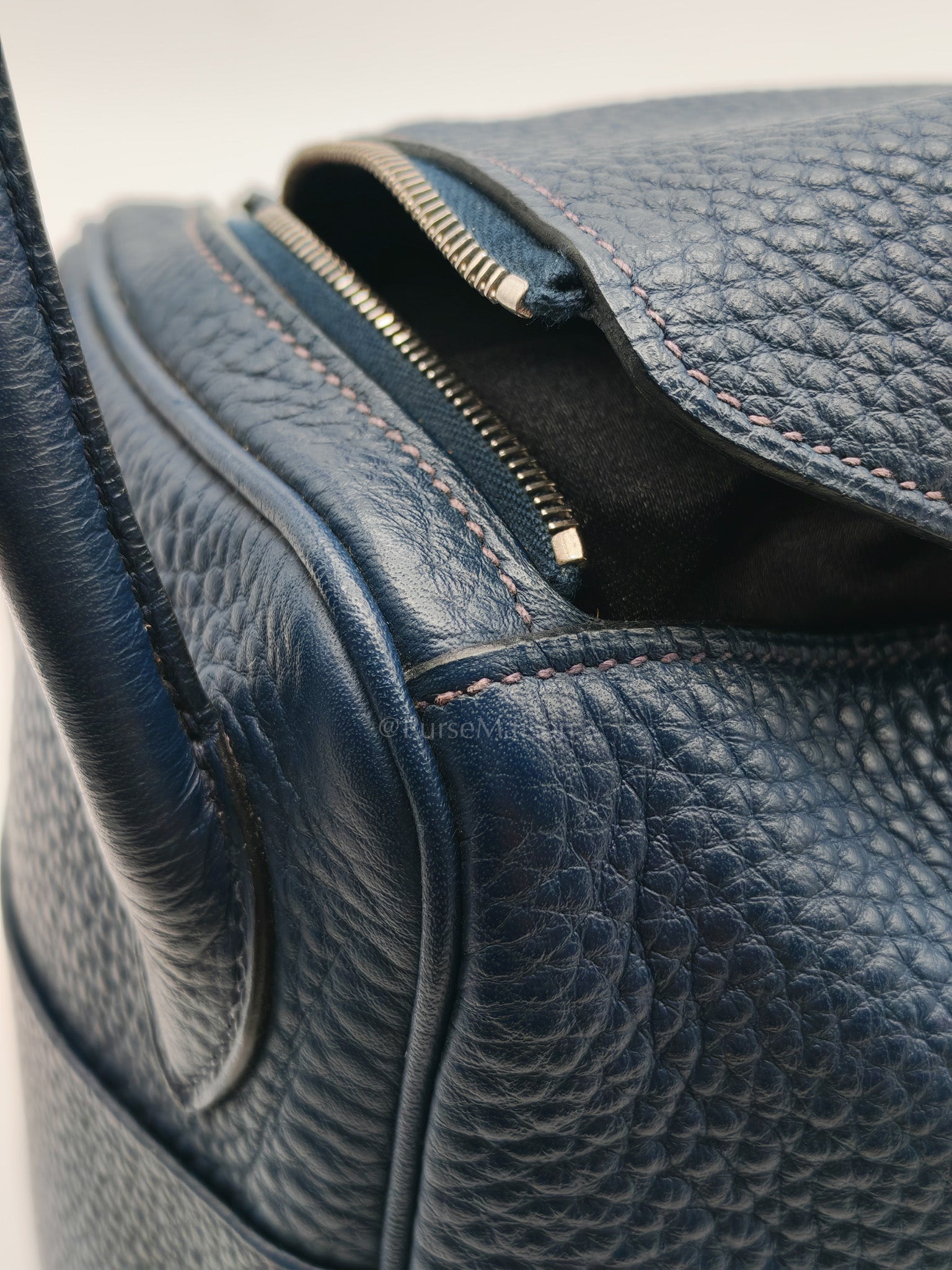 Lindy 26 in Blue Nuit Clemence Leather & Palladium Hardware Stamp Square N (2010) | Purse Maison Luxury Bags Shop