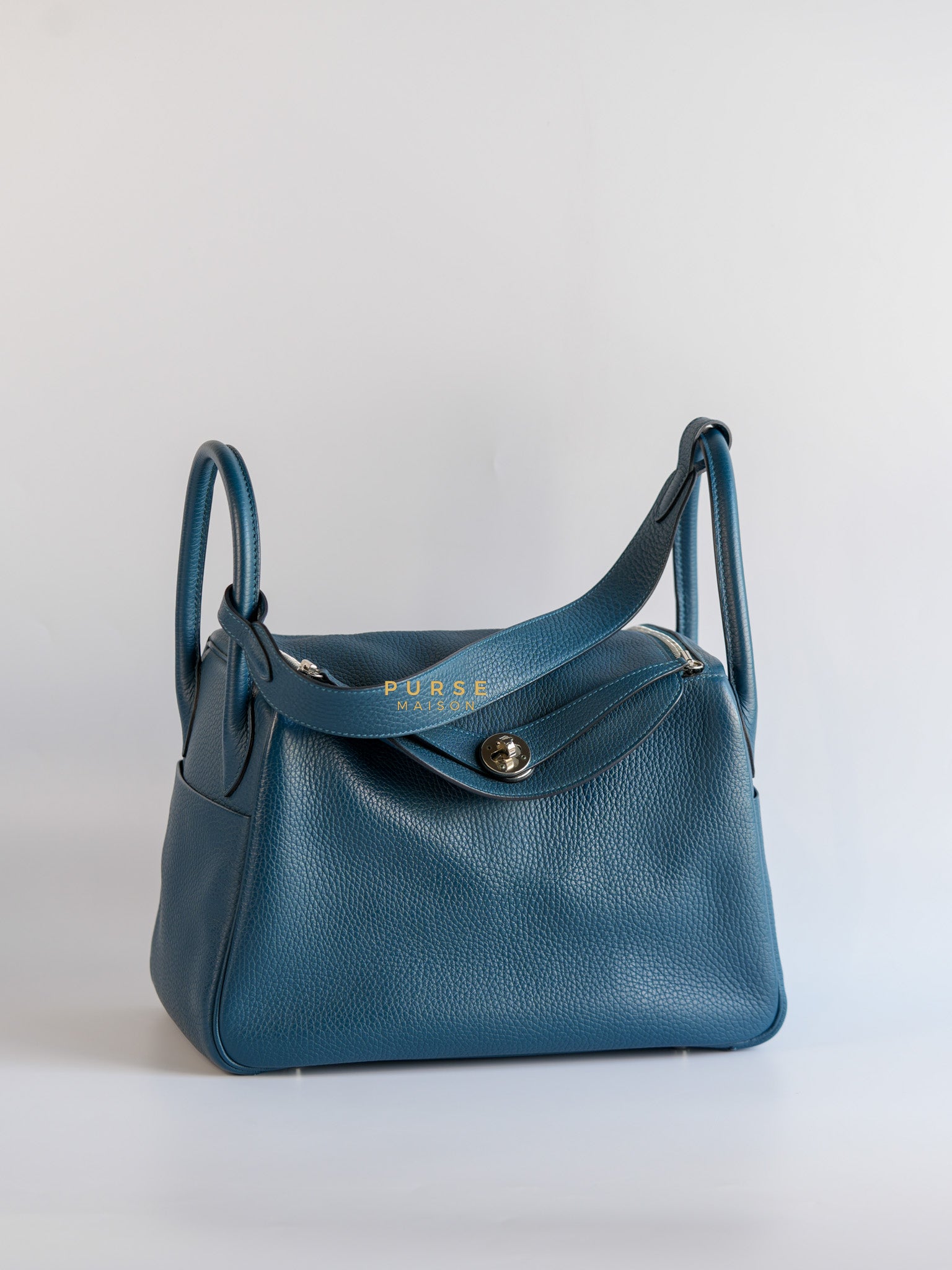 Lindy 30 Cobalt Clemence Leather and Palladium Hardware Stamp A | Purse Maison Luxury Bags Shop