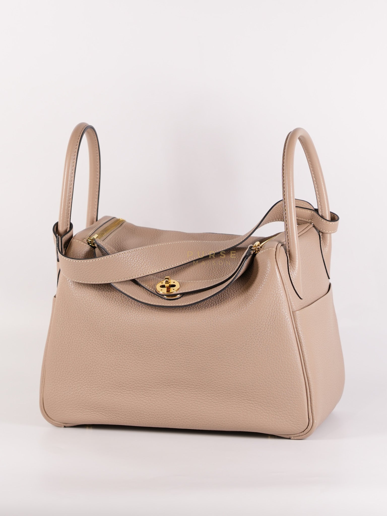 Lindy 30 Gris Tourterelle in Clemence Leather and Gold Hardware Stamp Square P (2012) | Purse Maison Luxury Bags Shop
