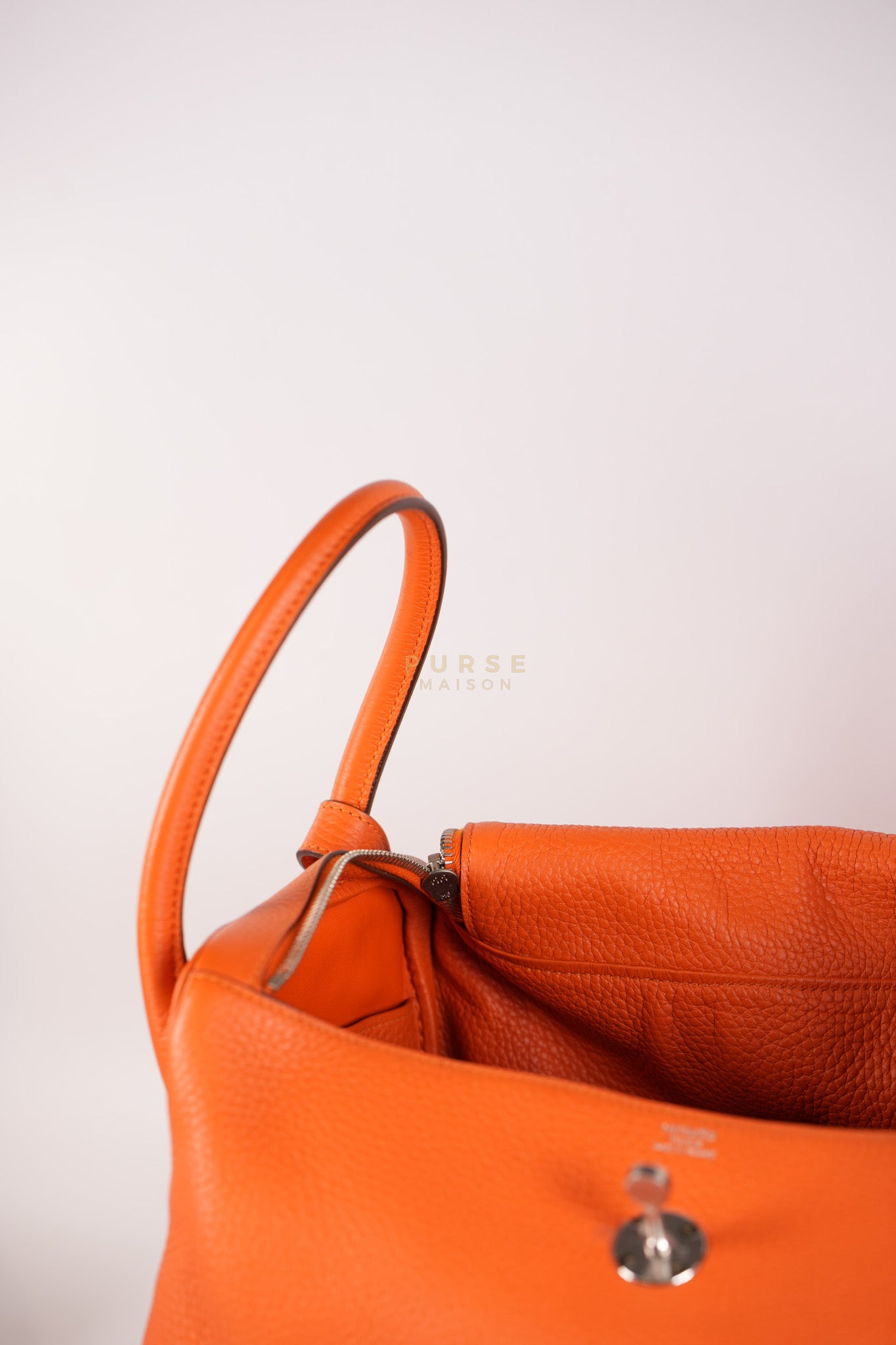 Lindy 36 in Feu (Orange) Clemence Leather and Palladium Hardware Stamp Square R (2014) | Purse Maison Luxury Bags Shop