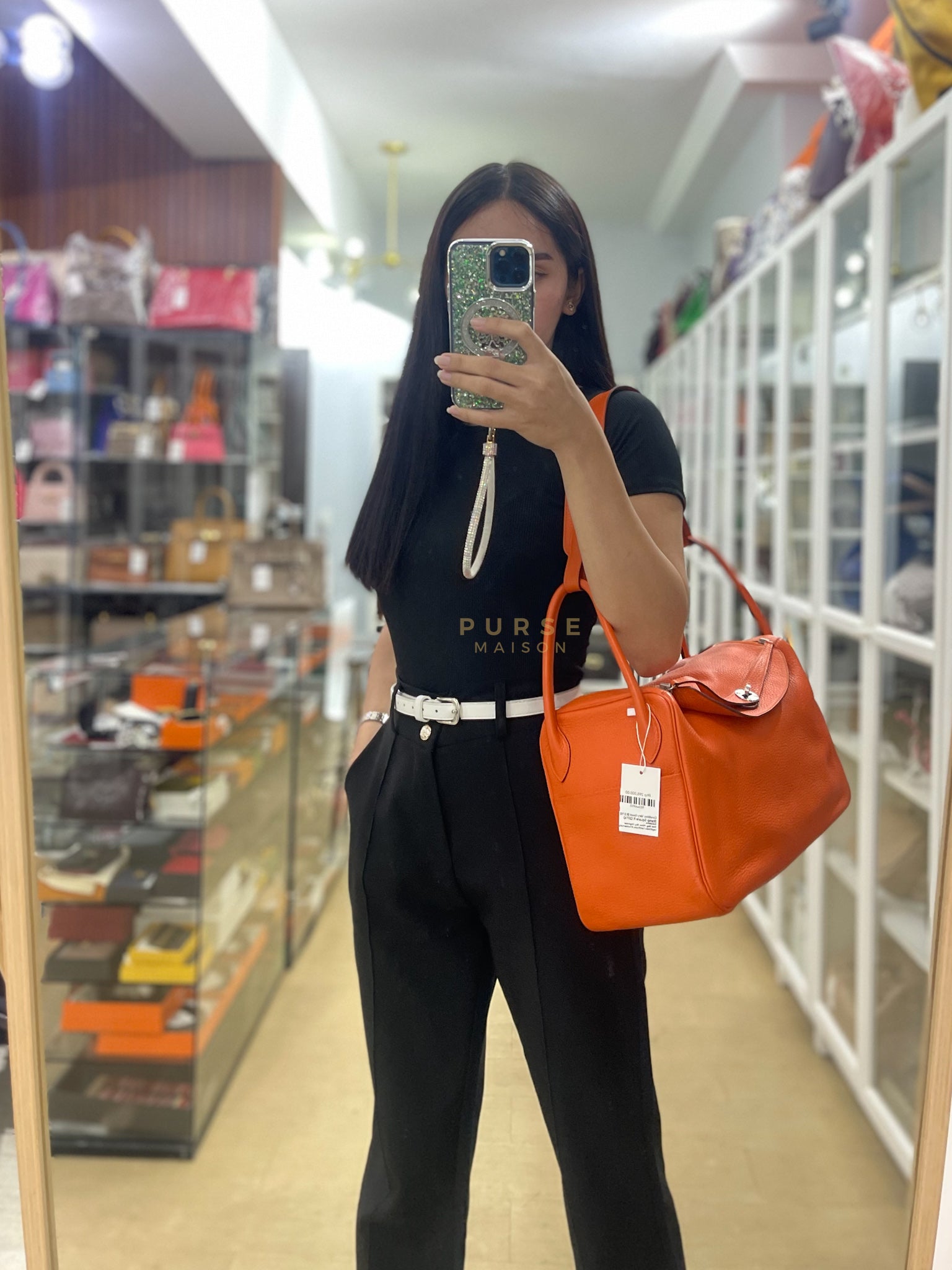 Lindy 36 in Feu (Orange) Clemence Leather and Palladium Hardware Stamp Square R (2014) | Purse Maison Luxury Bags Shop