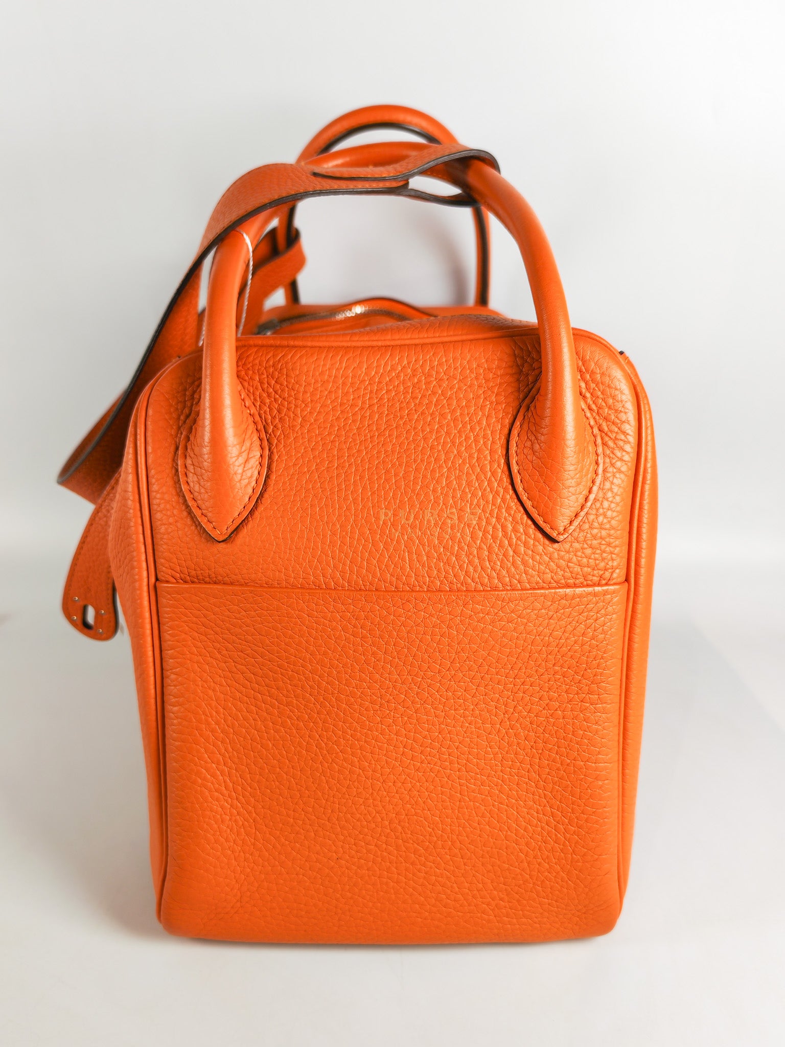 Lindy 36 in Feu (Orange) Clemence Leather and Palladium Hardware Stamp Square R (2014) | Purse Maison Luxury Bags Shop
