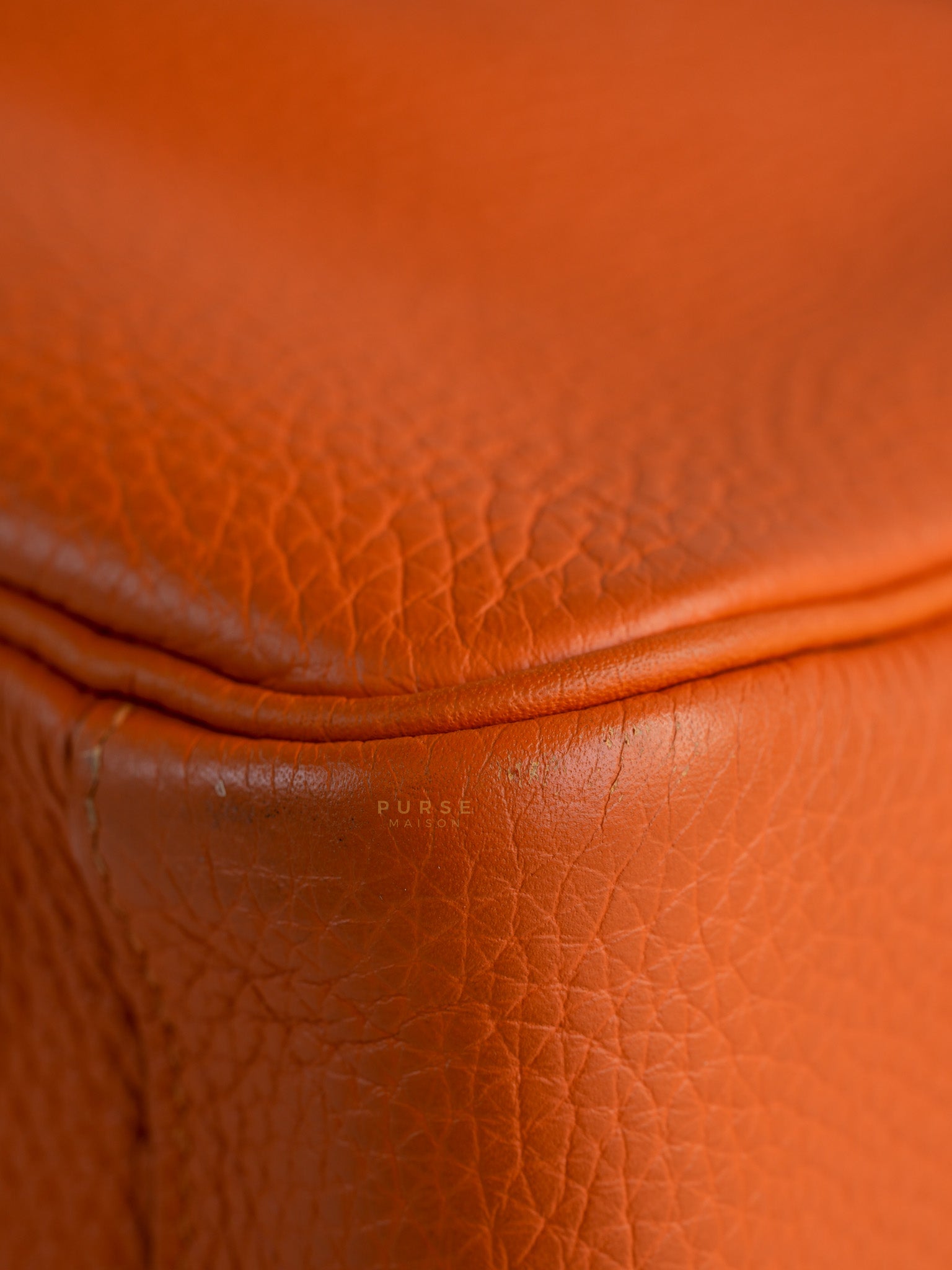 Lindy 34 Orange Clemence Leather and Palladium Hardware Stamp Square O (2011) | Purse Maison Luxury Bags Shop