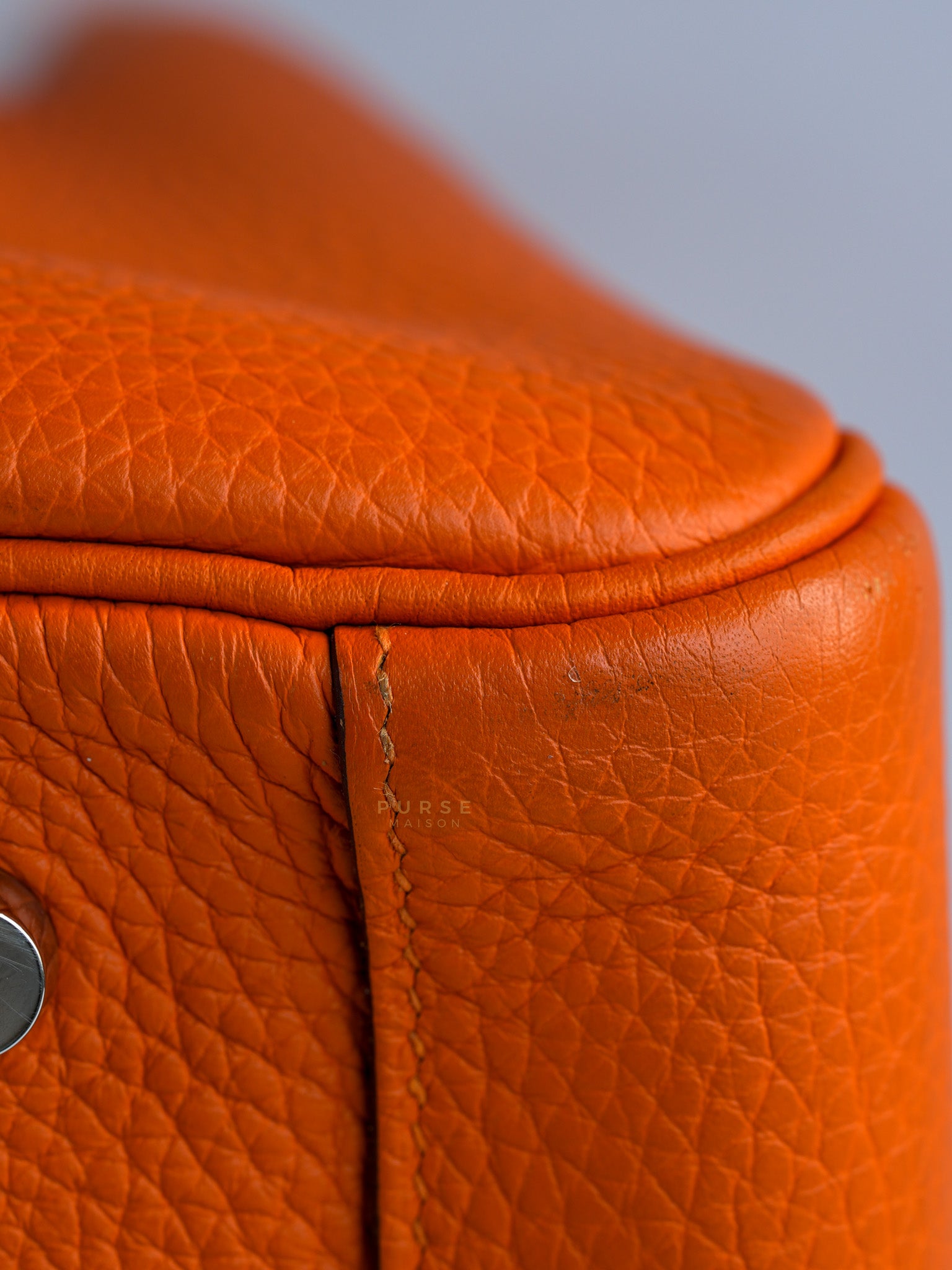 Lindy 34 Orange Clemence Leather and Palladium Hardware Stamp Square O (2011) | Purse Maison Luxury Bags Shop