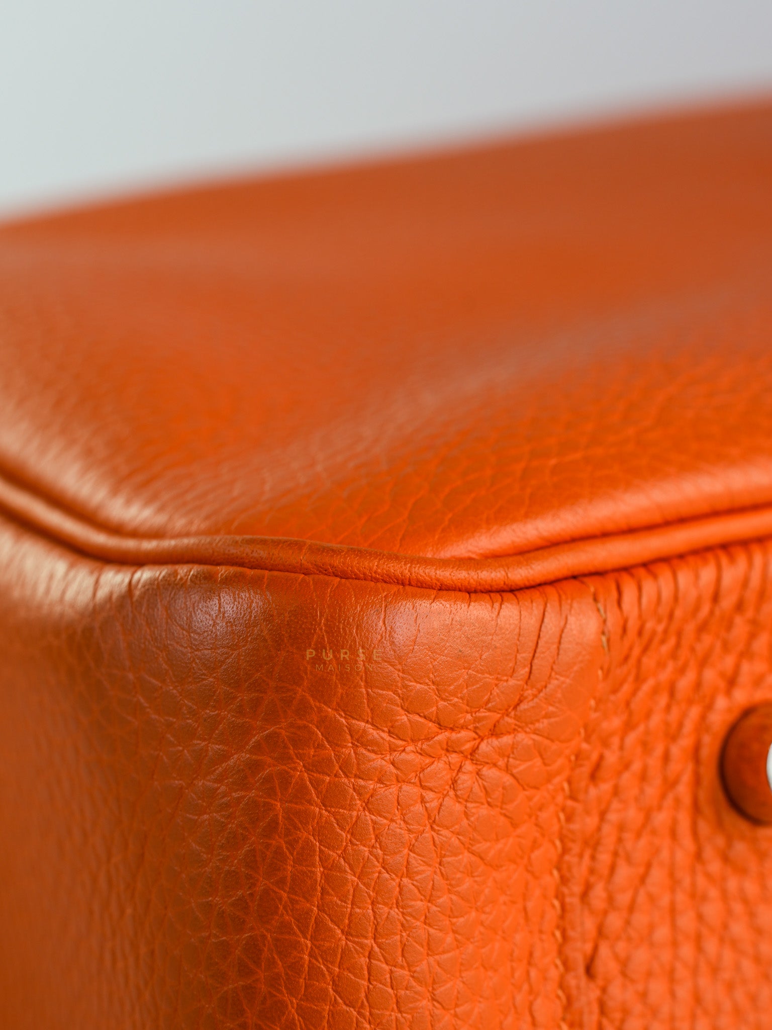 Lindy 34 Orange Clemence Leather and Palladium Hardware Stamp Square O (2011) | Purse Maison Luxury Bags Shop