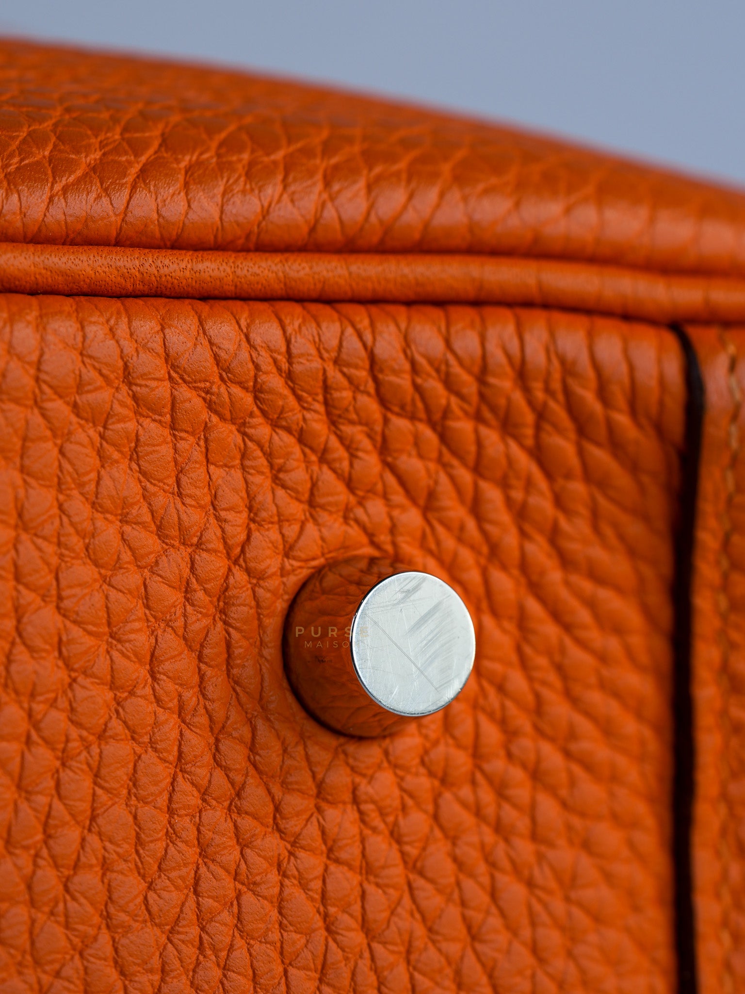Lindy 34 Orange Clemence Leather and Palladium Hardware Stamp Square O (2011) | Purse Maison Luxury Bags Shop