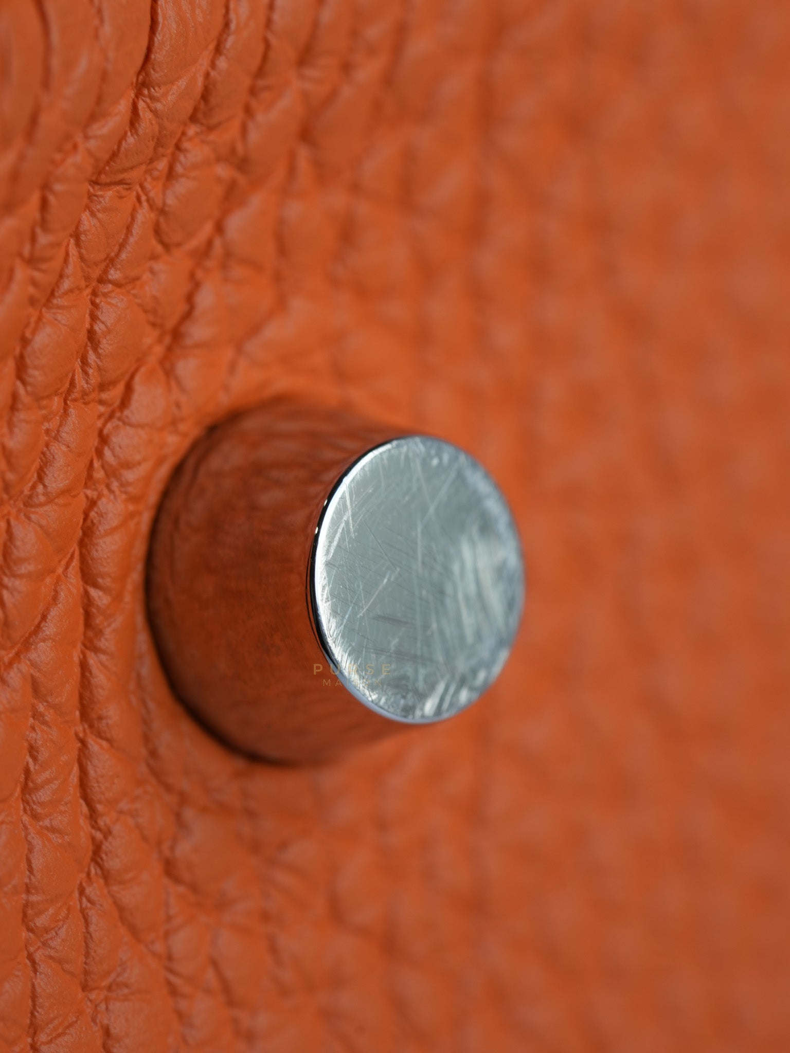 Lindy 34 Orange Clemence Leather and Palladium Hardware Stamp Square O (2011) | Purse Maison Luxury Bags Shop