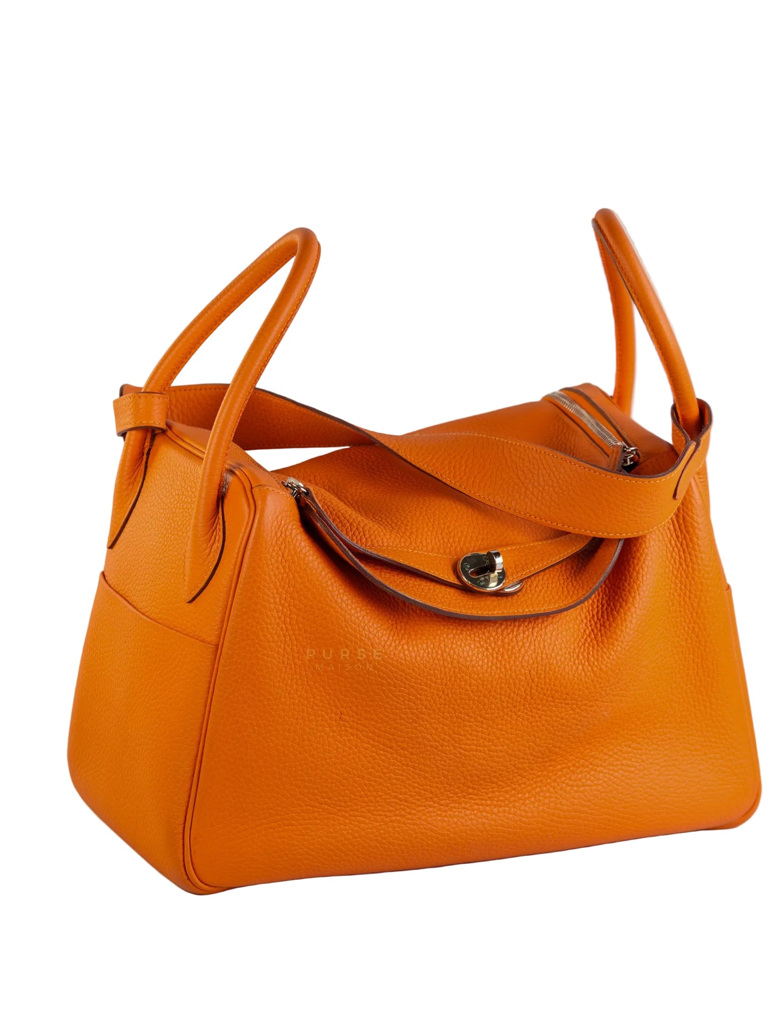Lindy 34 Orange Clemence Leather and Palladium Hardware Stamp Square O (2011) | Purse Maison Luxury Bags Shop