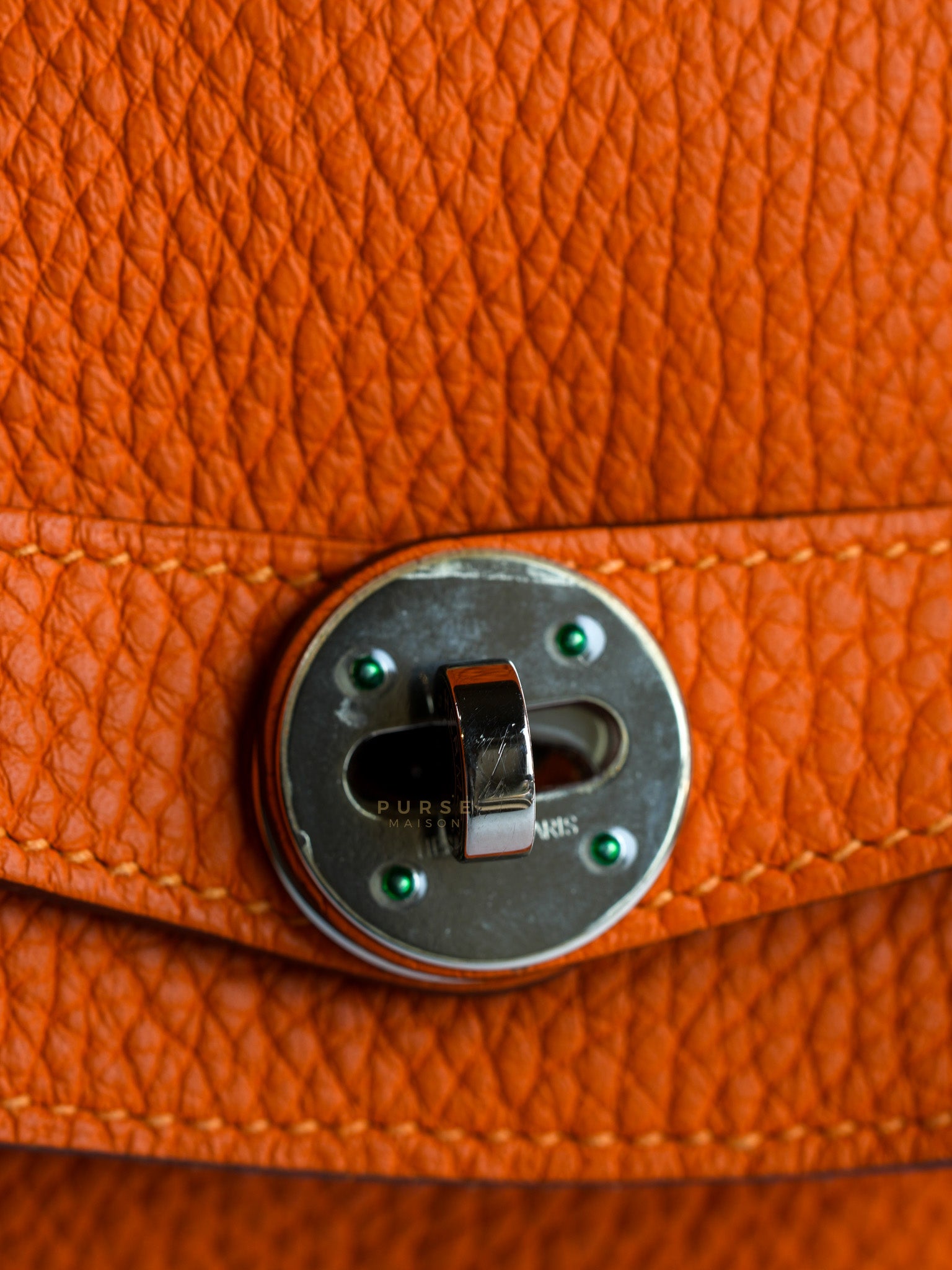 Lindy 34 Orange Clemence Leather and Palladium Hardware Stamp Square O (2011) | Purse Maison Luxury Bags Shop