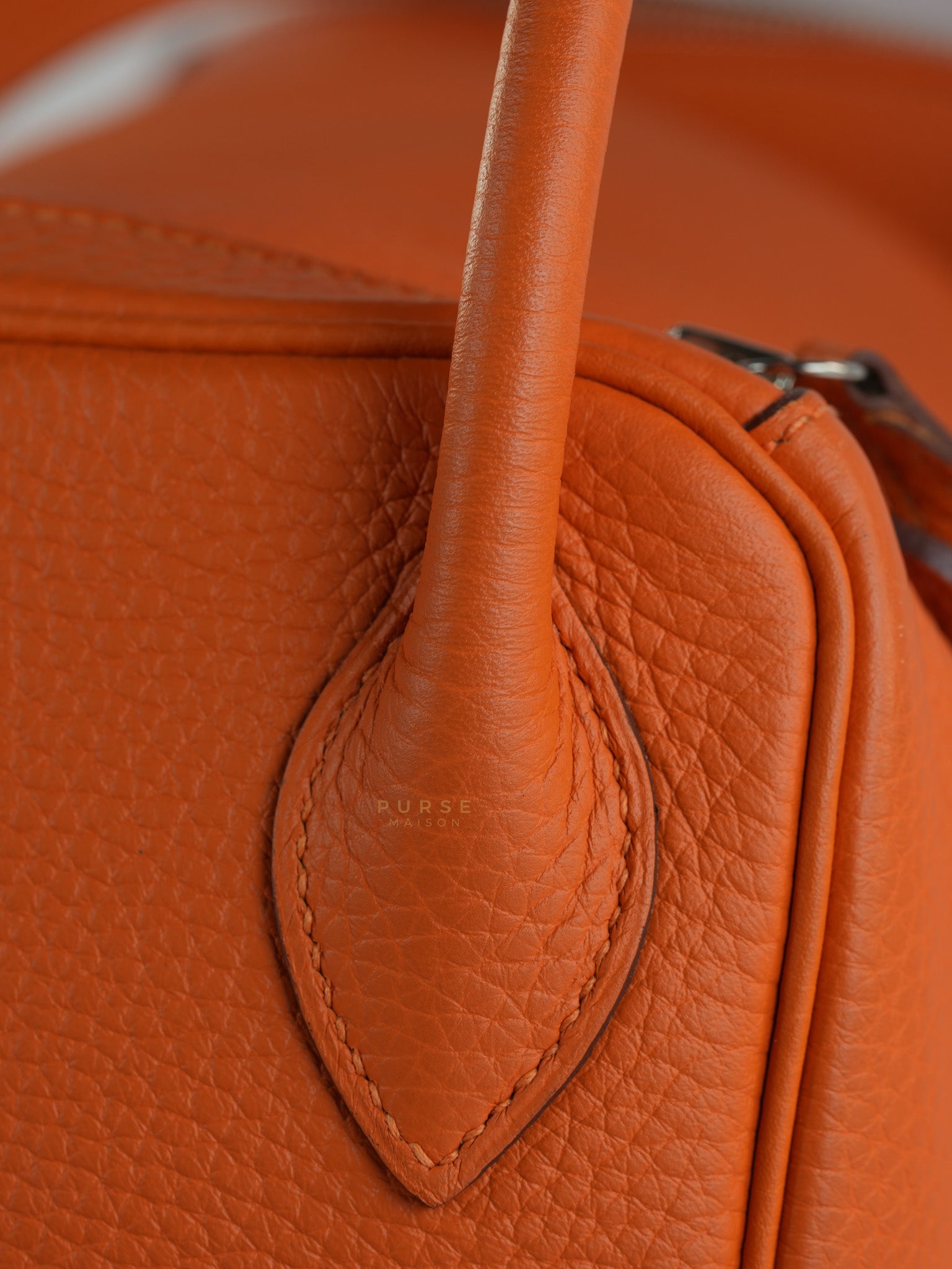 Lindy 34 Orange Clemence Leather and Palladium Hardware Stamp Square O (2011) | Purse Maison Luxury Bags Shop