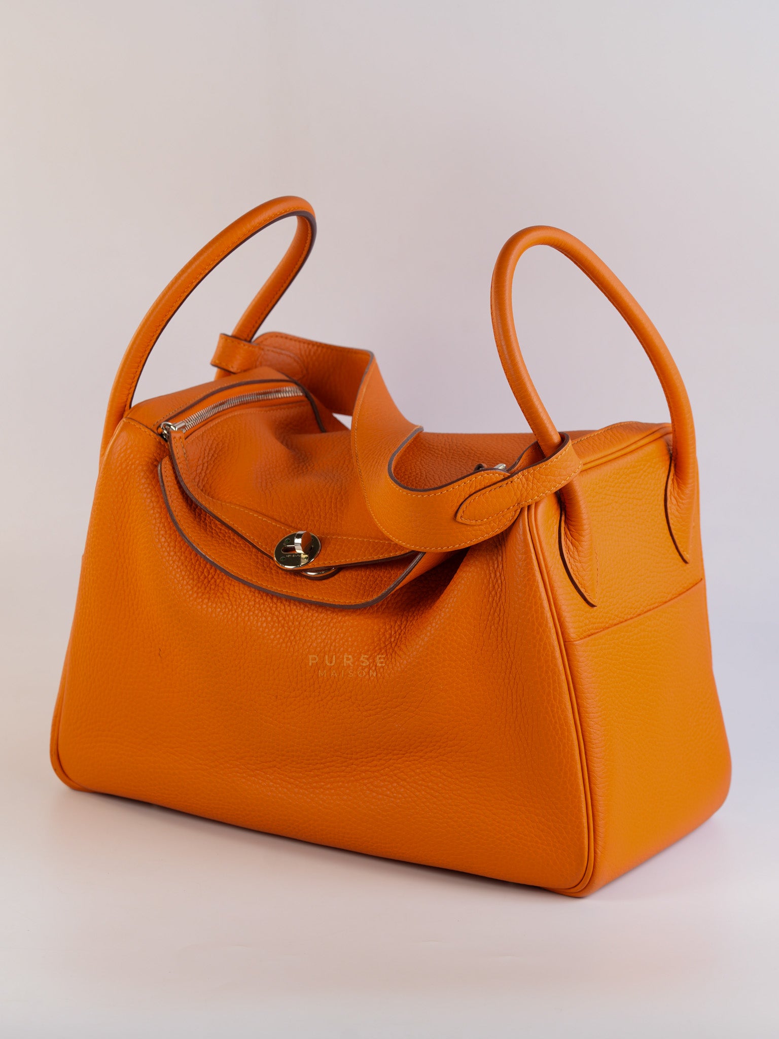 Lindy 34 Orange Clemence Leather and Palladium Hardware Stamp Square O (2011) | Purse Maison Luxury Bags Shop