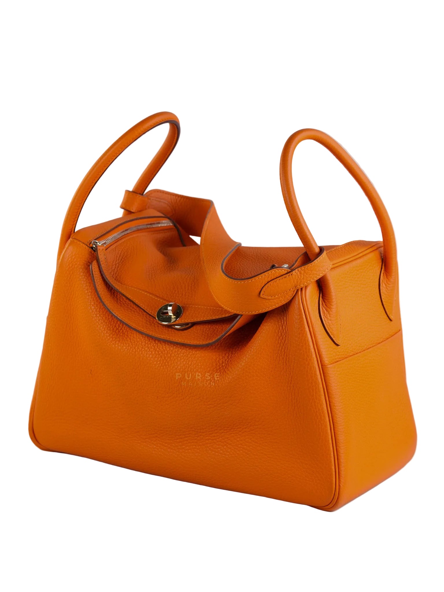 Lindy 34 Orange Clemence Leather and Palladium Hardware Stamp Square O (2011) | Purse Maison Luxury Bags Shop