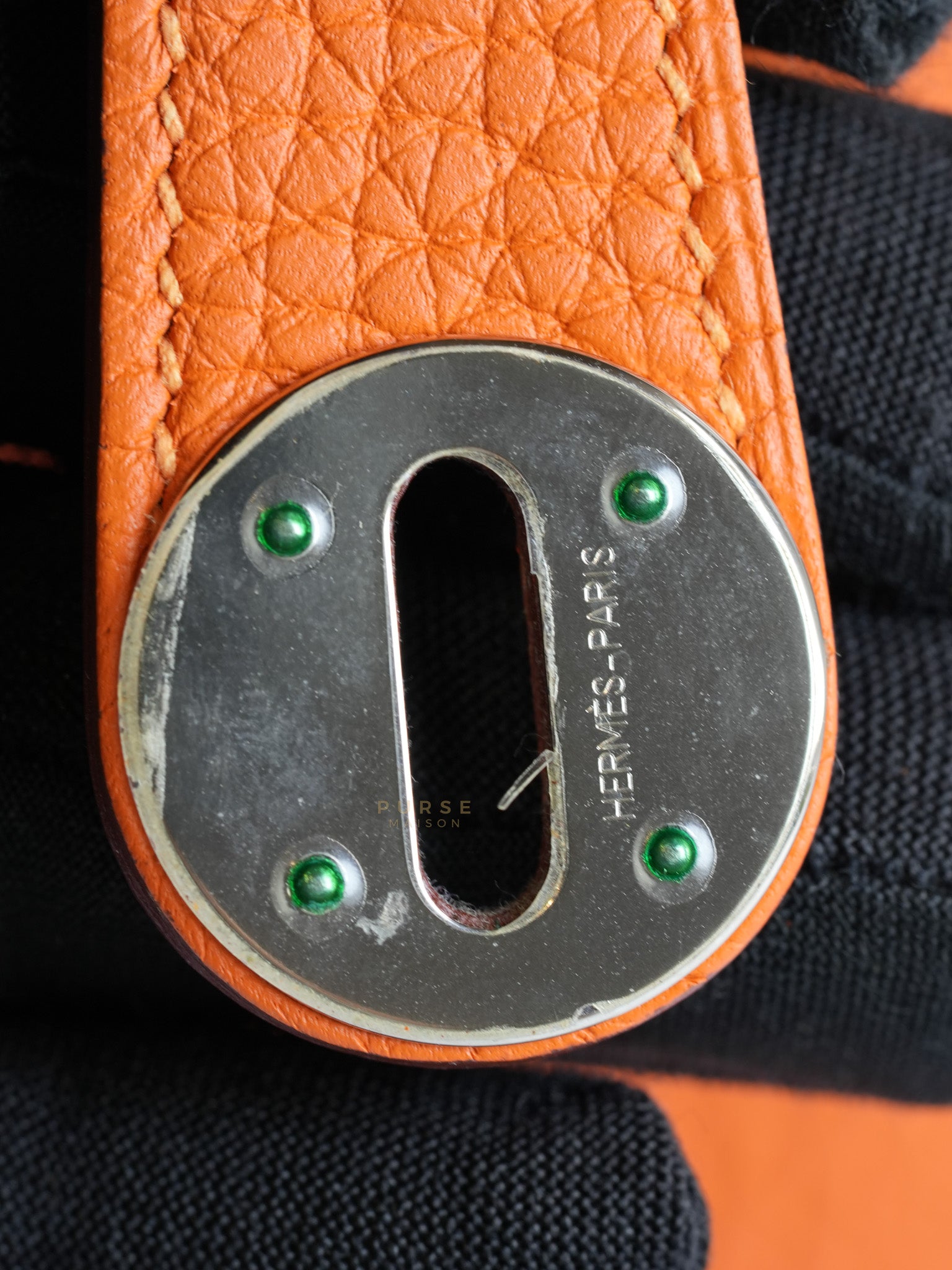 Lindy 34 Orange Clemence Leather and Palladium Hardware Stamp Square O (2011) | Purse Maison Luxury Bags Shop